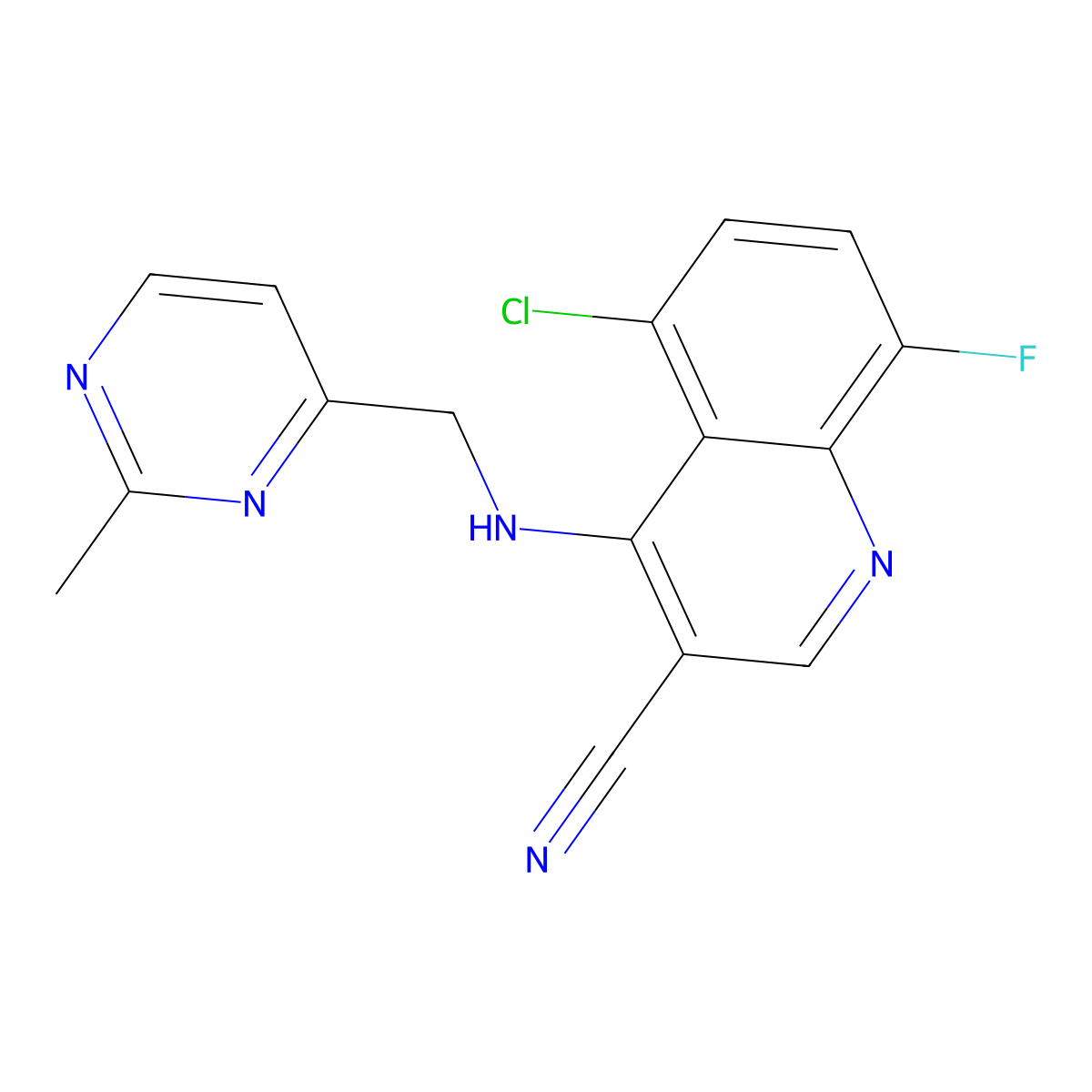 5-Chloro-8-fluoro-4-{[(2-methylpyrimidin-4-yl)methyl]amino}quinoline-3-carbonitrile molecular structure, CAS 1209580-54-0