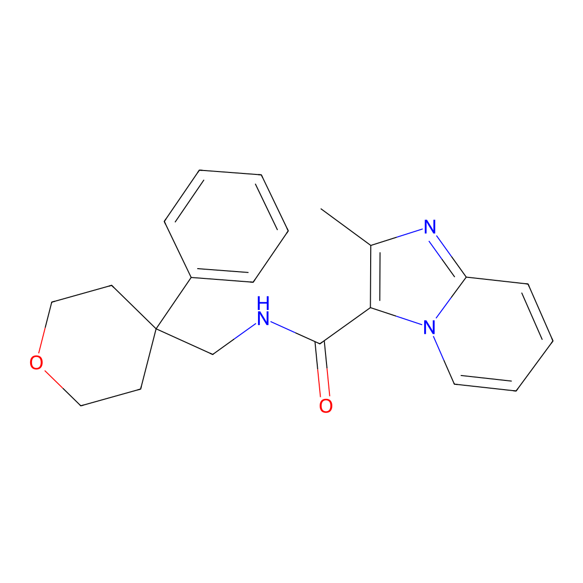 2-methyl-N-((4-phenyltetrahydro-2H-pyran-4-yl)methyl)imidazo[1,2-a]pyridine-3-carboxamide molecular structure, CAS 1209583-23-2