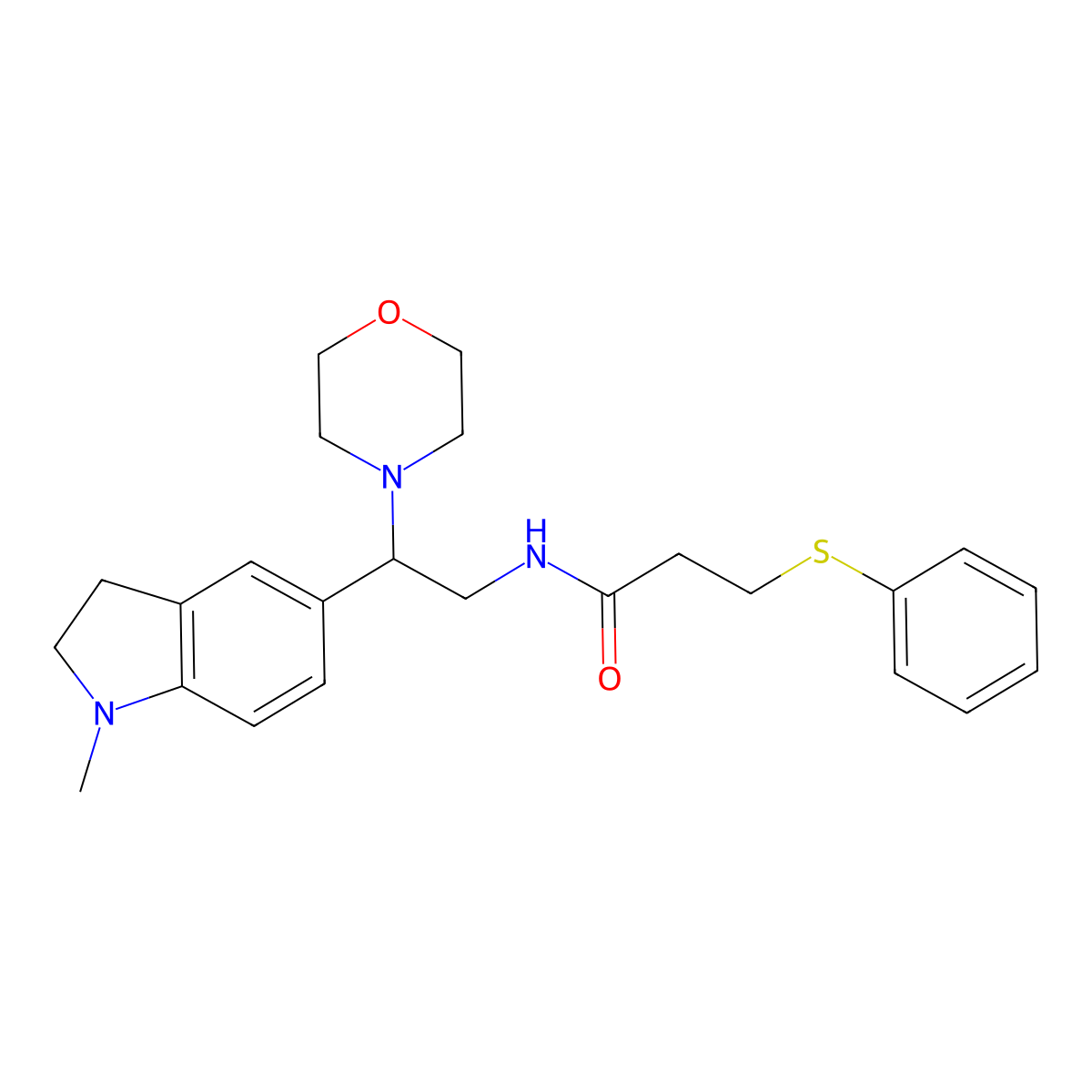 N-(2-(1-methylindolin-5-yl)-2-morpholinoethyl)-3-(phenylthio)propanamide molecular structure, CAS 1209607-40-8