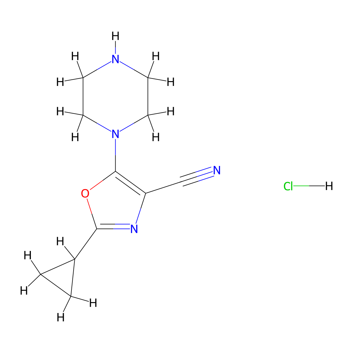 2-Cyclopropyl-5-(piperazin-1-yl)-1,3-oxazole-4-carbonitrile hydrochloride molecular structure, CAS 1209610-26-3
