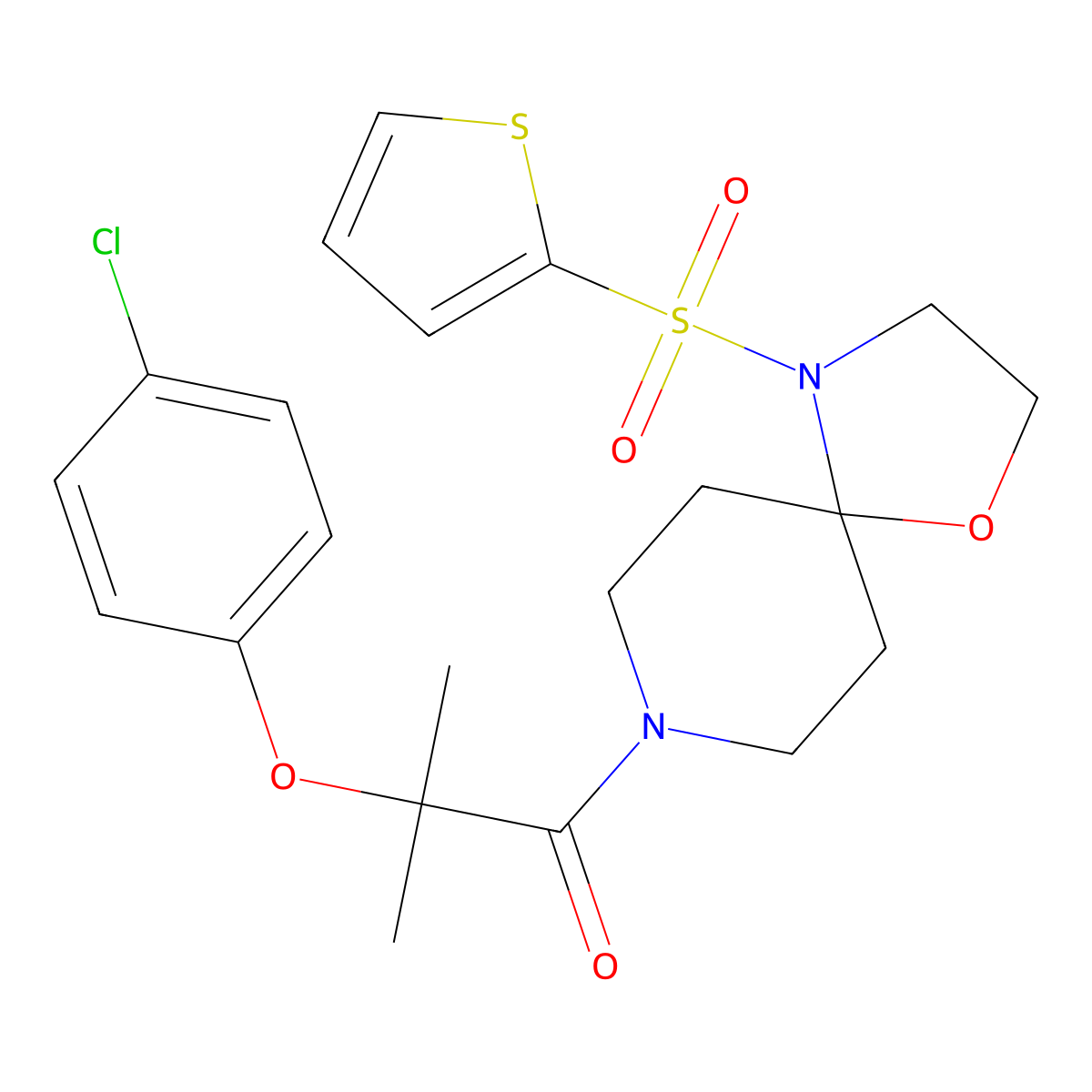 2-(4-Chlorophenoxy)-2-methyl-1-(4-(thiophen-2-ylsulfonyl)-1-oxa-4,8-diazaspiro[4.5]decan-8-yl)propan-1-one molecular structure, CAS 1209621-64-6