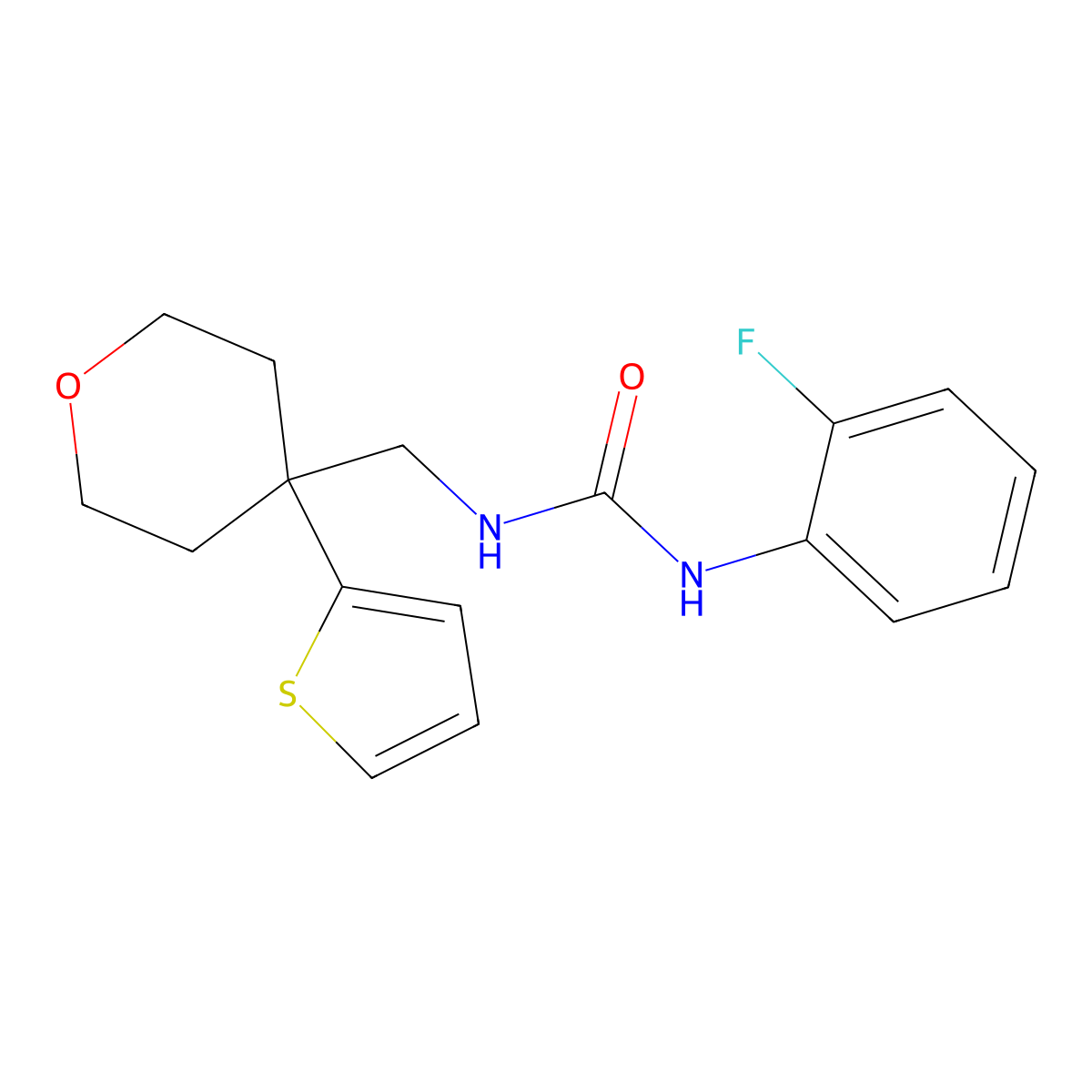 1-(2-fluorophenyl)-3-((4-(thiophen-2-yl)tetrahydro-2H-pyran-4-yl)methyl)urea molecular structure, CAS 1209628-84-1