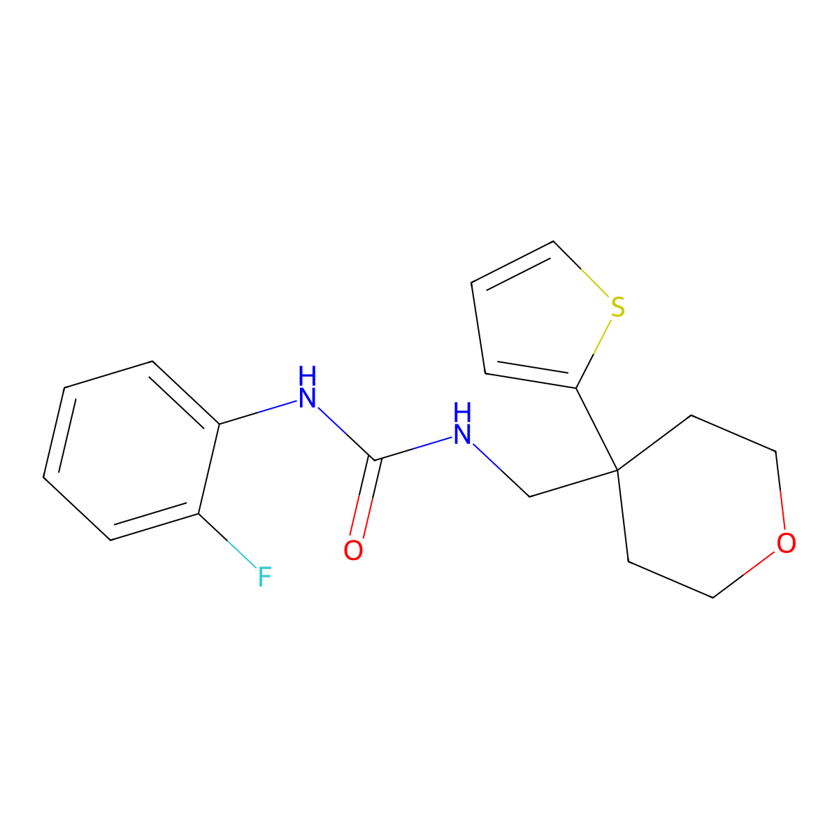 1-(2-fluorophenyl)-3-((4-(thiophen-2-yl)tetrahydro-2H-pyran-4-yl)methyl)urea molecular structure, CAS 1209628-84-1