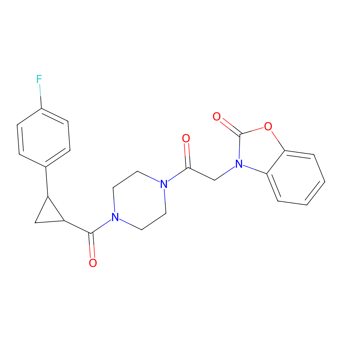 3-(2-(4-(2-(4-fluorophenyl)cyclopropanecarbonyl)piperazin-1-yl)-2-oxoethyl)benzo[d]oxazol-2(3H)-one molecular structure, CAS 1209636-69-0