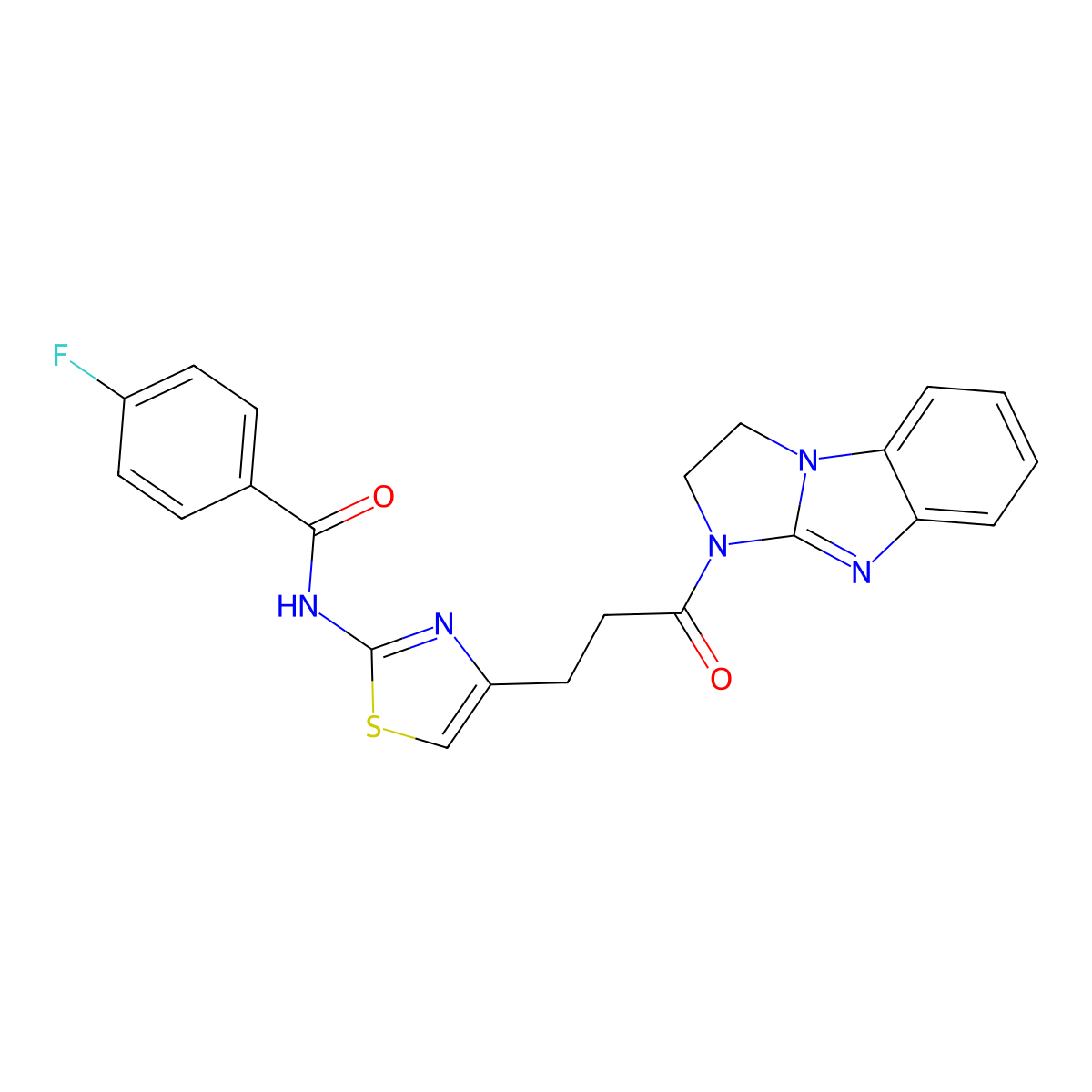 4-fluoro-N-[4-(3-oxo-3-{2,5,7-triazatricyclo[6.4.0.0^{2,6}]dodeca-1(8),6,9,11-tetraen-5-yl}propyl)-1,3-thiazol-2-yl]benzamide molecular structure, CAS 1209644-35-8