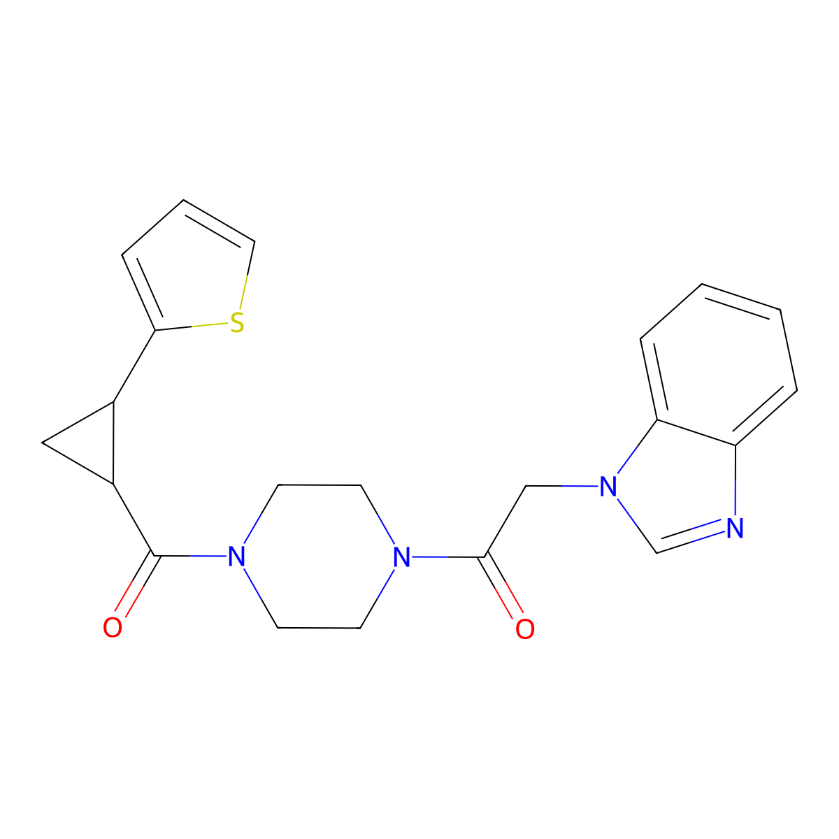 2-(1H-benzo[d]imidazol-1-yl)-1-(4-(2-(thiophen-2-yl)cyclopropanecarbonyl)piperazin-1-yl)ethanone molecular structure, CAS 1209663-76-2