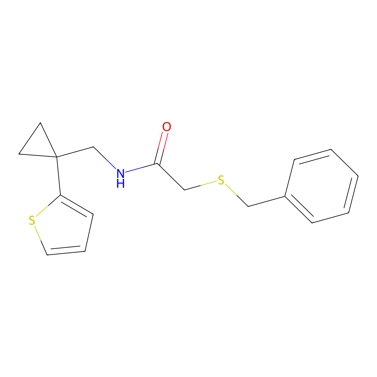 2-(benzylthio)-N-((1-(thiophen-2-yl)cyclopropyl)methyl)acetamide molecular structure, CAS 1209665-62-2