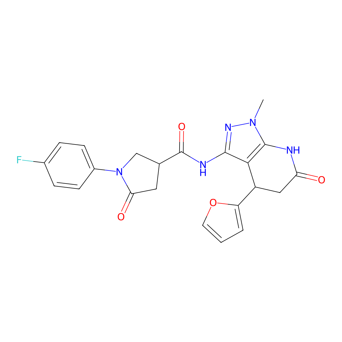 1-(4-fluorophenyl)-N-(4-(furan-2-yl)-1-methyl-6-oxo-4,5,6,7-tetrahydro-1H-pyrazolo[3,4-b]pyridin-3-yl)-5-oxopyrrolidine-3-carboxamide molecular structure, CAS 1209675-35-3