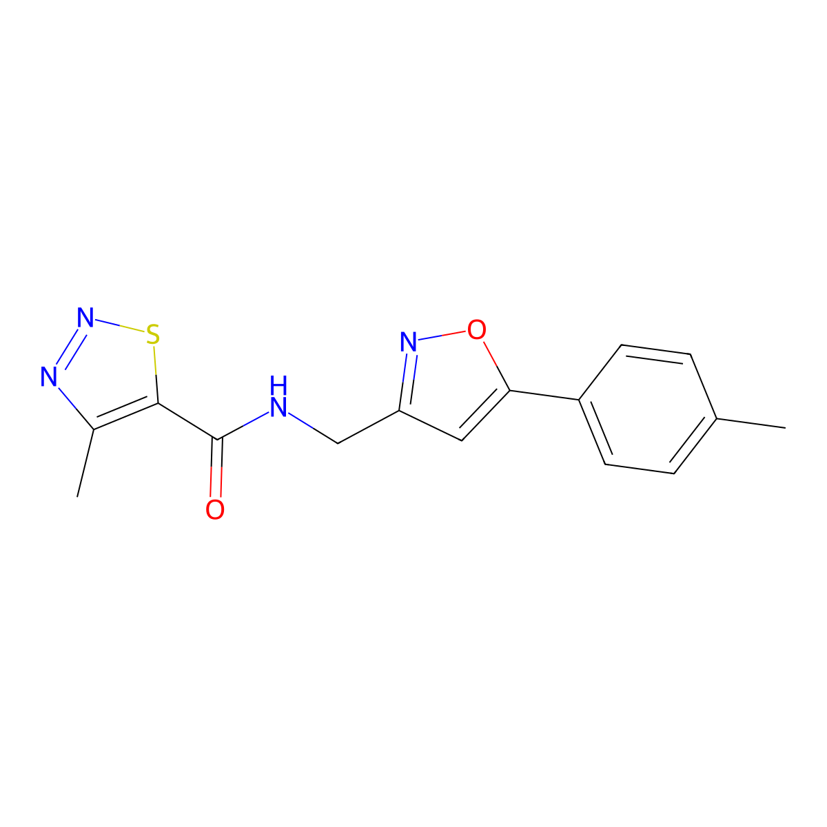 4-methyl-N-((5-(p-tolyl)isoxazol-3-yl)methyl)-1,2,3-thiadiazole-5-carboxamide molecular structure, CAS 1209683-55-5