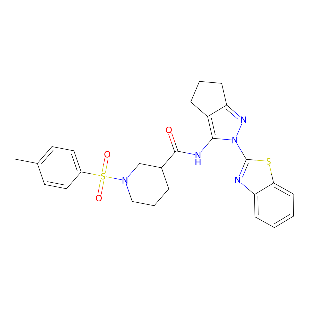 N-(2-(benzo[d]thiazol-2-yl)-2,4,5,6-tetrahydrocyclopenta[c]pyrazol-3-yl)-1-tosylpiperidine-3-carboxamide molecular structure, CAS 1209695-02-2