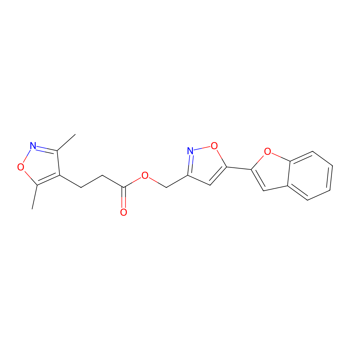 (5-(Benzofuran-2-yl)isoxazol-3-yl)methyl 3-(3,5-dimethylisoxazol-4-yl)propanoate molecular structure, CAS 1209727-44-5