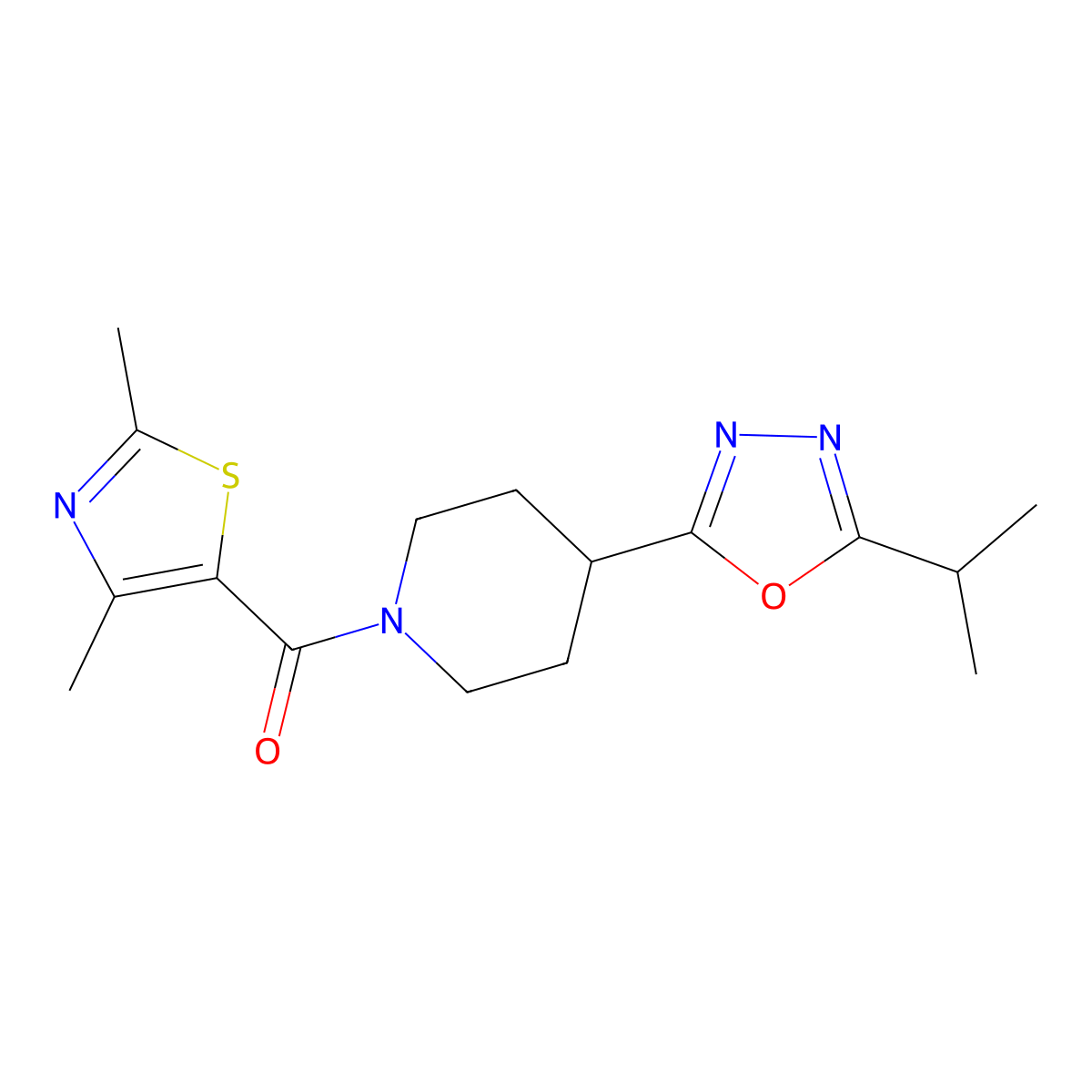 (2,4-Dimethylthiazol-5-yl)(4-(5-isopropyl-1,3,4-oxadiazol-2-yl)piperidin-1-yl)methanone molecular structure, CAS 1209727-56-9