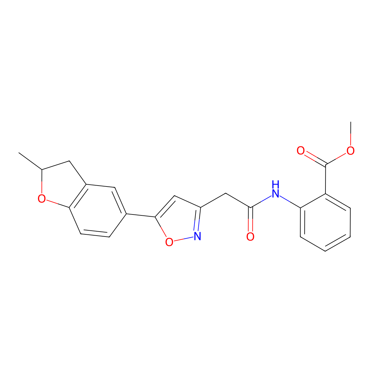 Methyl 2-(2-(5-(2-methyl-2,3-dihydrobenzofuran-5-yl)isoxazol-3-yl)acetamido)benzoate molecular structure, CAS 1209738-10-2