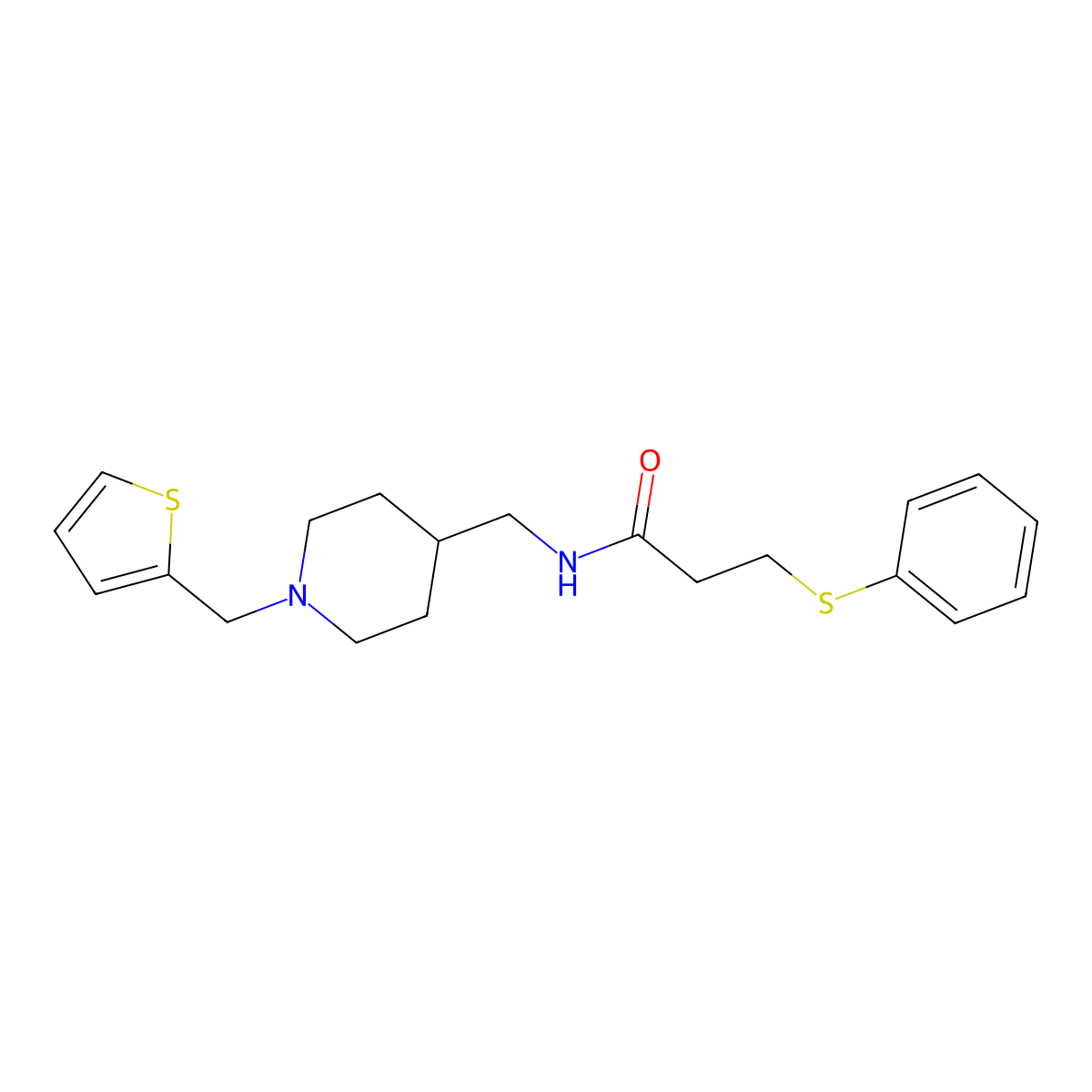 3-(phenylthio)-N-((1-(thiophen-2-ylmethyl)piperidin-4-yl)methyl)propanamide molecular structure, CAS 1209738-14-6