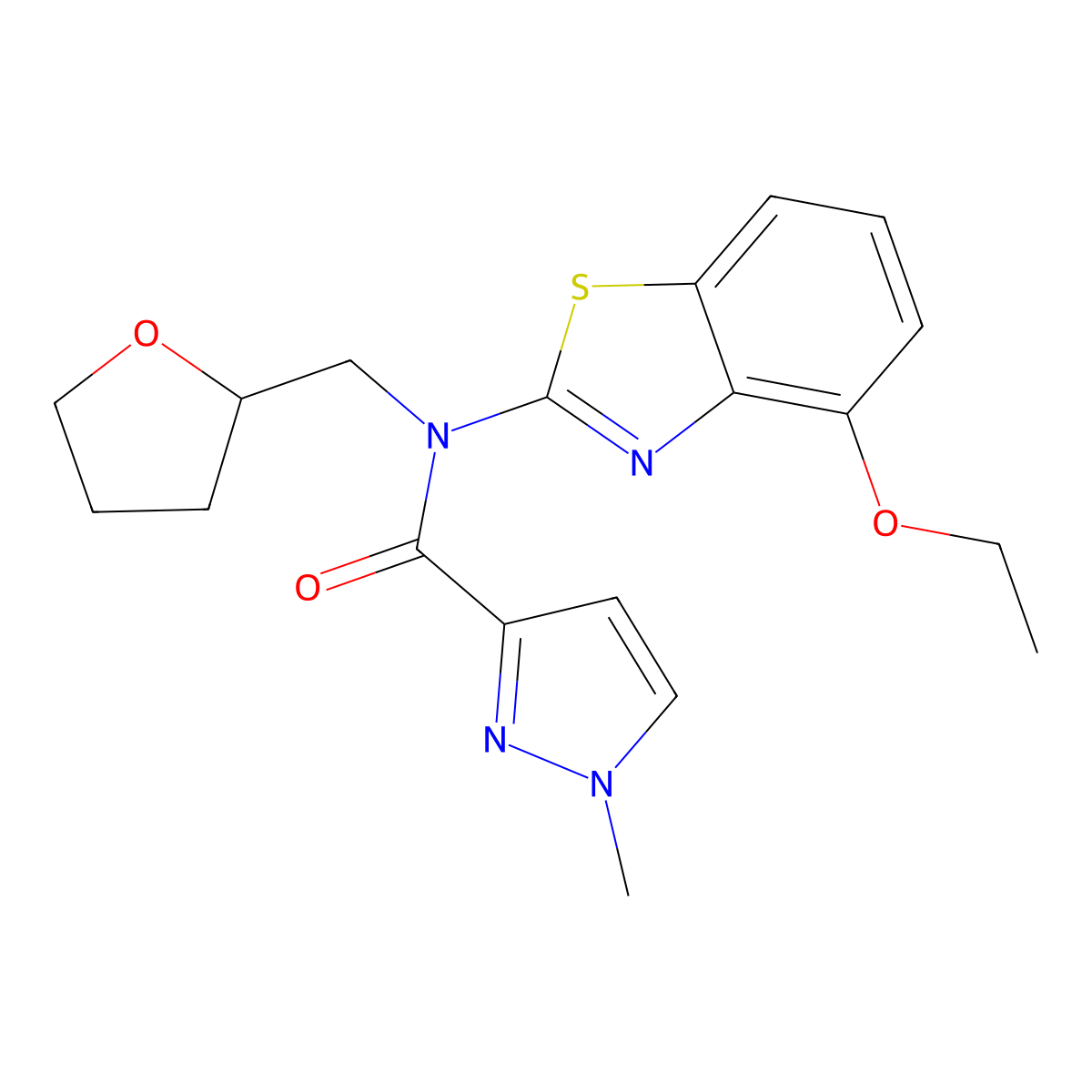 N-(4-ethoxybenzo[d]thiazol-2-yl)-1-methyl-N-((tetrahydrofuran-2-yl)methyl)-1H-pyrazole-3-carboxamide molecular structure, CAS 1209745-18-5