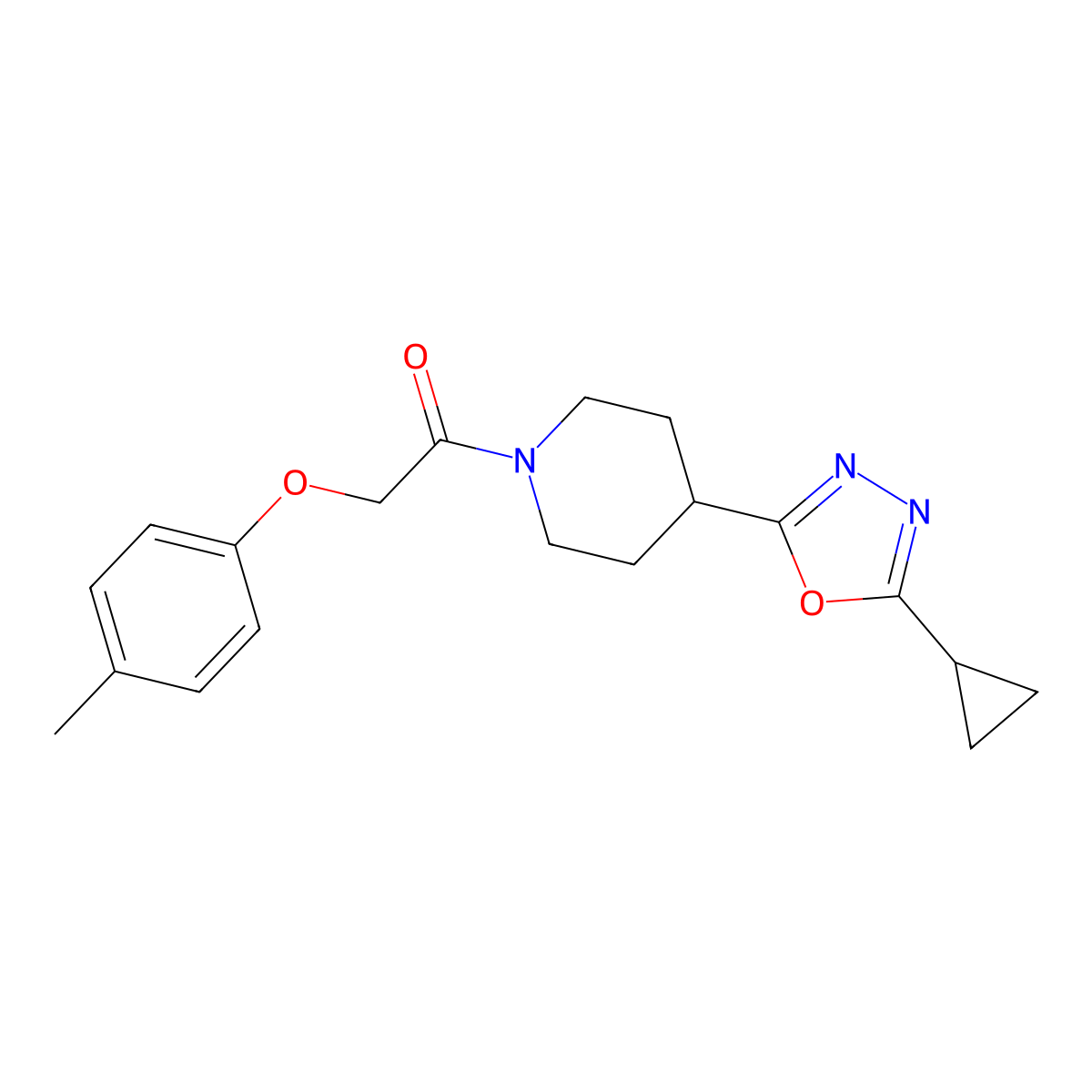 1-(4-(5-Cyclopropyl-1,3,4-oxadiazol-2-yl)piperidin-1-yl)-2-(p-tolyloxy)ethanone molecular structure, CAS 1209760-25-7