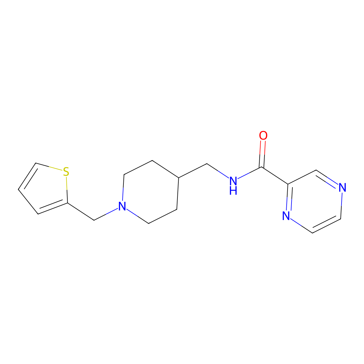 N-((1-(thiophen-2-ylmethyl)piperidin-4-yl)methyl)pyrazine-2-carboxamide molecular structure, CAS 1209767-93-0