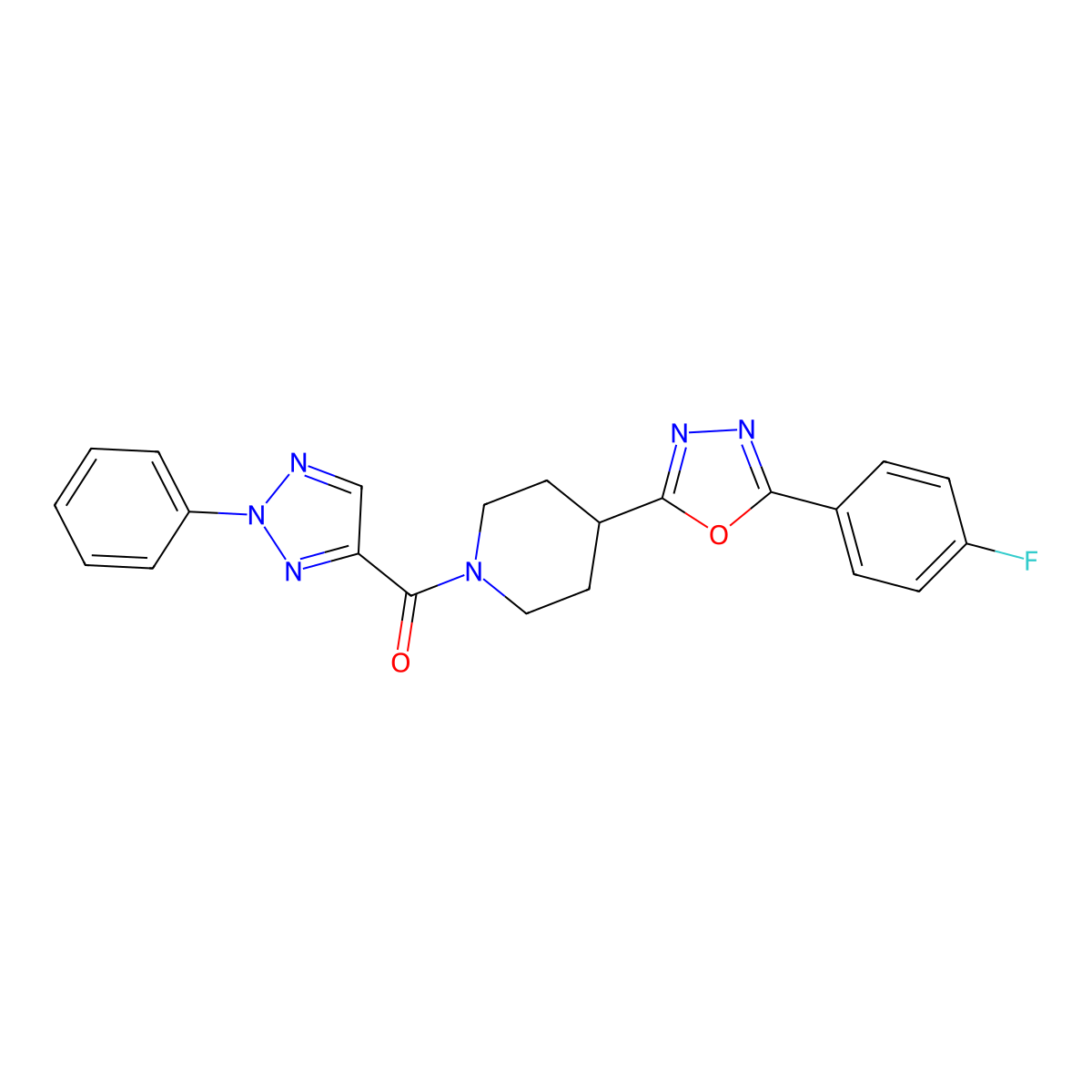 (4-(5-(4-fluorophenyl)-1,3,4-oxadiazol-2-yl)piperidin-1-yl)(2-phenyl-2H-1,2,3-triazol-4-yl)methanone molecular structure, CAS 1209774-77-5