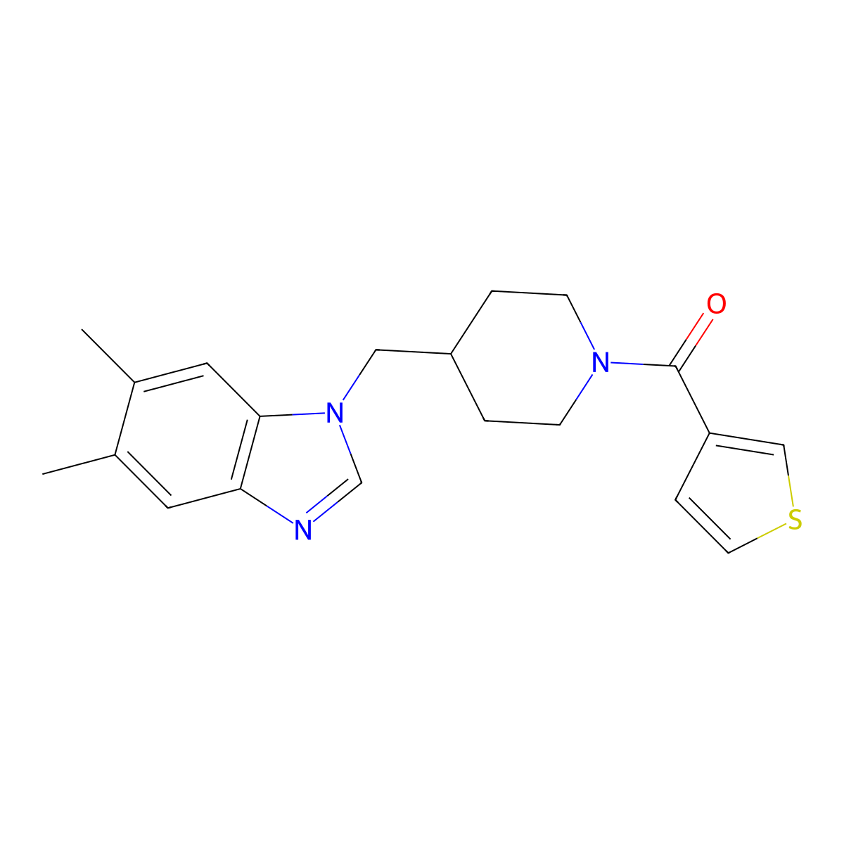 (4-((5,6-dimethyl-1H-benzo[d]imidazol-1-yl)methyl)piperidin-1-yl)(thiophen-3-yl)methanone molecular structure, CAS 1209777-06-9