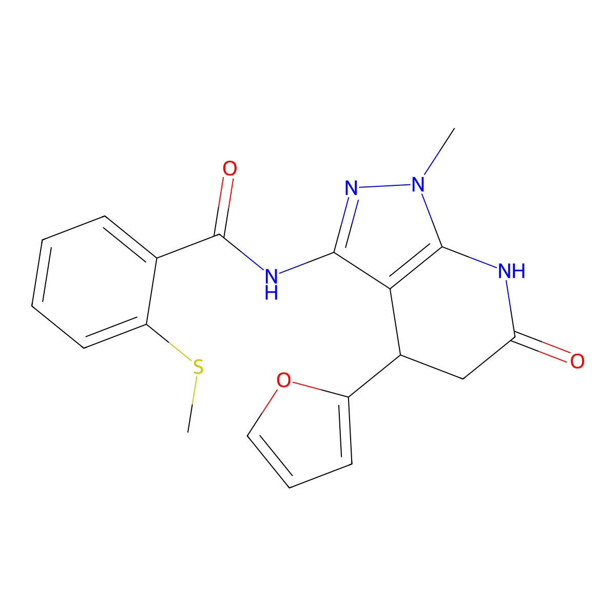 N-[4-(furan-2-yl)-1-methyl-6-oxo-1H,4H,5H,6H,7H-pyrazolo[3,4-b]pyridin-3-yl]-2-(methylsulfanyl)benzamide molecular structure, CAS 1209788-76-0