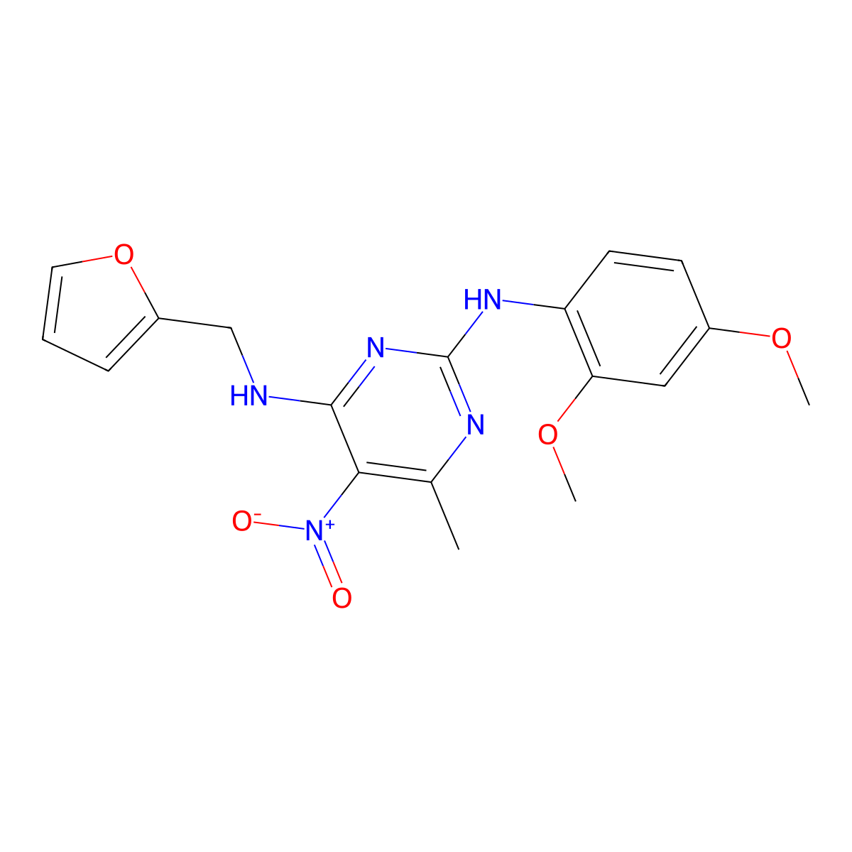 N2-(2,4-dimethoxyphenyl)-N4-(furan-2-ylmethyl)-6-methyl-5-nitropyrimidine-2,4-diamine molecular structure, CAS 1209789-37-6
