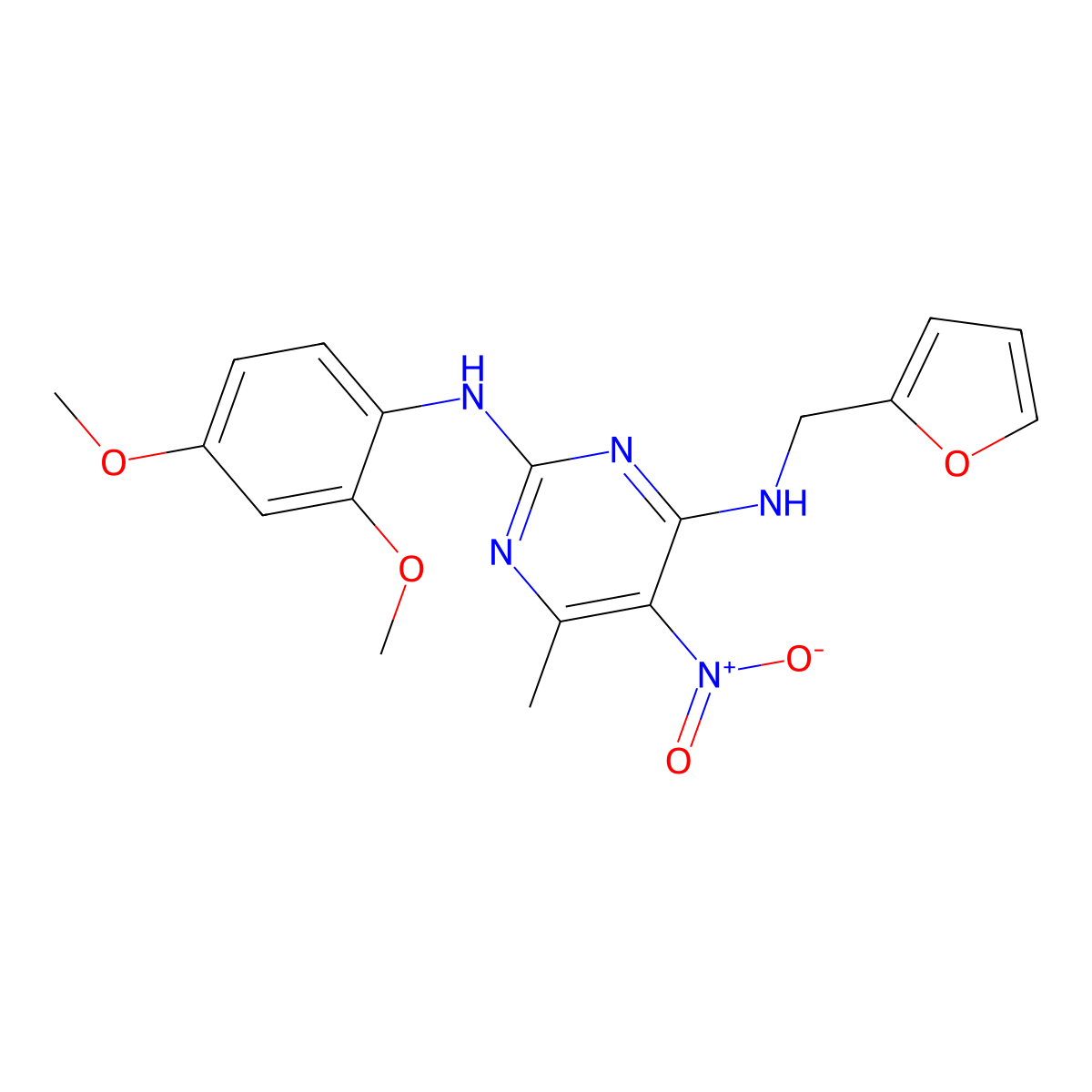 N2-(2,4-dimethoxyphenyl)-N4-(furan-2-ylmethyl)-6-methyl-5-nitropyrimidine-2,4-diamine molecular structure, CAS 1209789-37-6