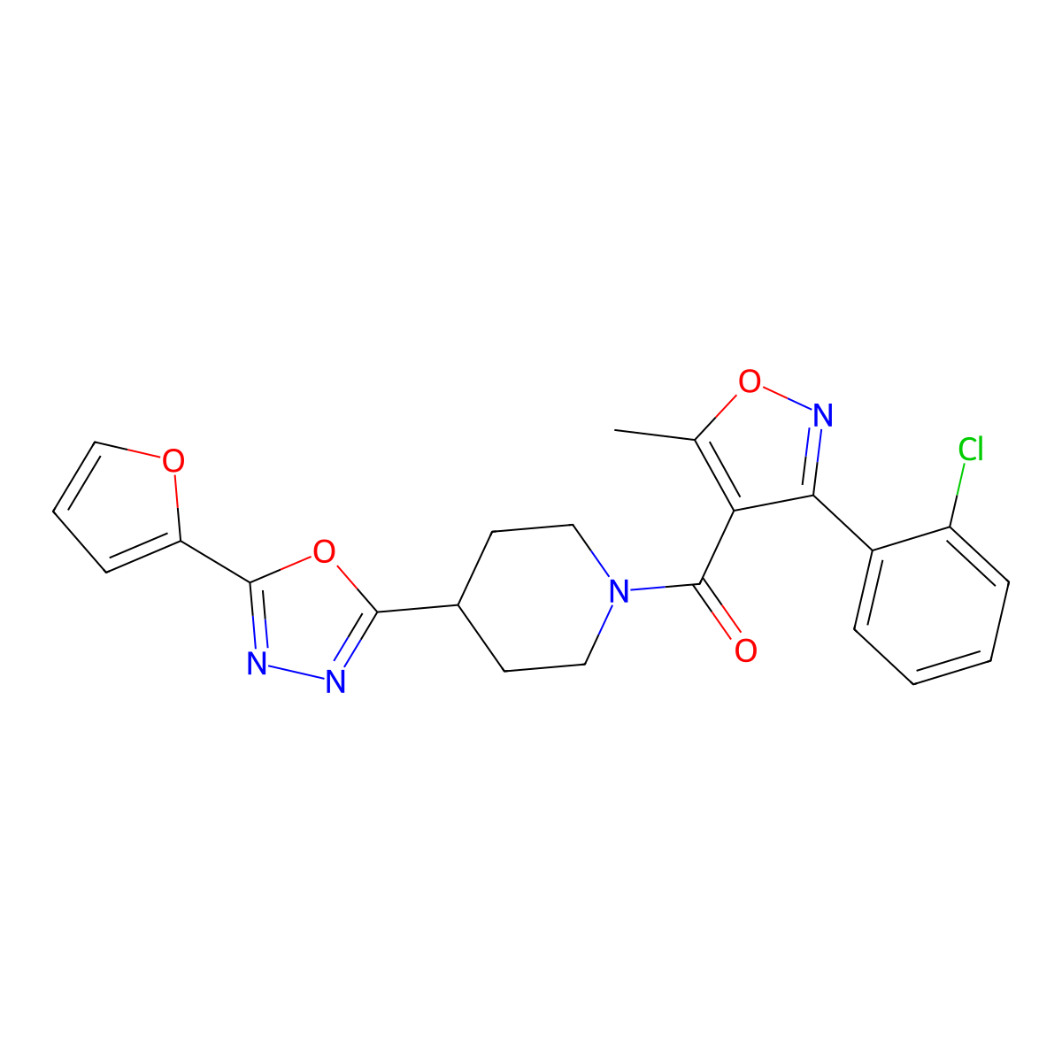 (3-(2-Chlorophenyl)-5-methylisoxazol-4-yl)(4-(5-(furan-2-yl)-1,3,4-oxadiazol-2-yl)piperidin-1-yl)methanone molecular structure, CAS 1209791-95-6