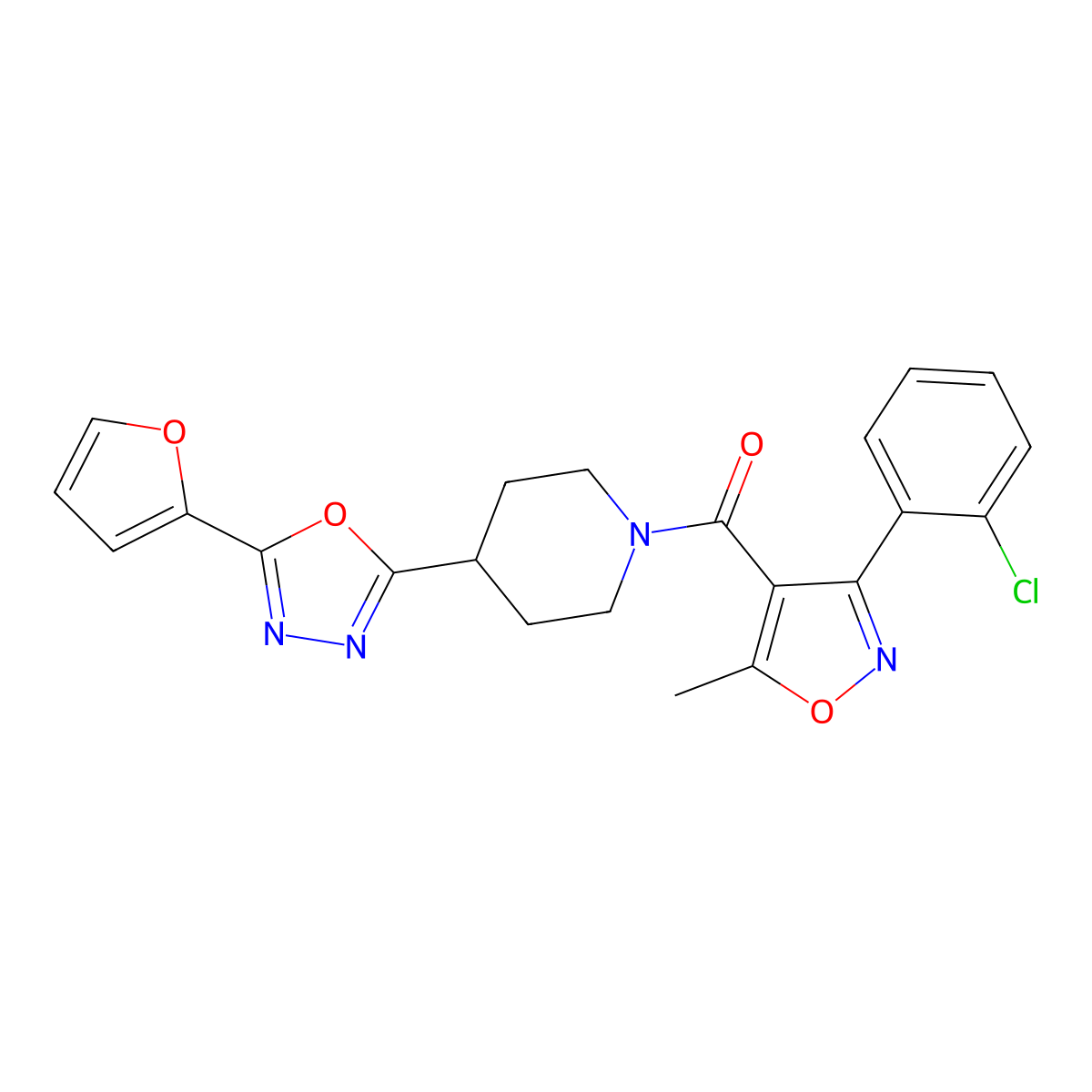 (3-(2-Chlorophenyl)-5-methylisoxazol-4-yl)(4-(5-(furan-2-yl)-1,3,4-oxadiazol-2-yl)piperidin-1-yl)methanone molecular structure, CAS 1209791-95-6