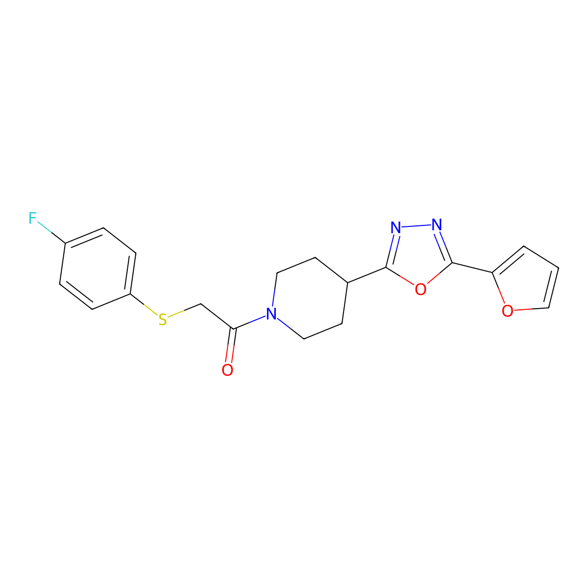 2-[(4-Fluorophenyl)sulfanyl]-1-{4-[5-(furan-2-yl)-1,3,4-oxadiazol-2-yl]piperidin-1-yl}ethan-1-one molecular structure, CAS 1209794-22-8