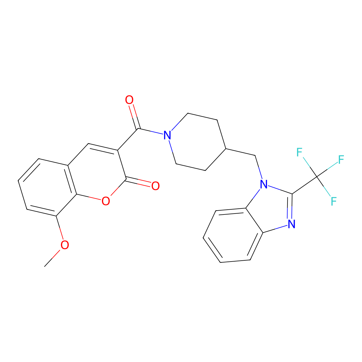 8-methoxy-3-(4-((2-(trifluoromethyl)-1H-benzo[d]imidazol-1-yl)methyl)piperidine-1-carbonyl)-2H-chromen-2-one molecular structure, CAS 1209810-84-3