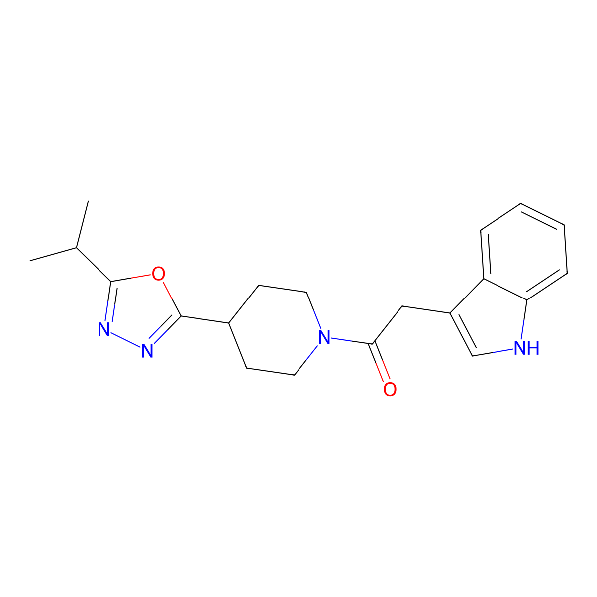 2-(1H-indol-3-yl)-1-(4-(5-isopropyl-1,3,4-oxadiazol-2-yl)piperidin-1-yl)ethanone molecular structure, CAS 1209818-26-7