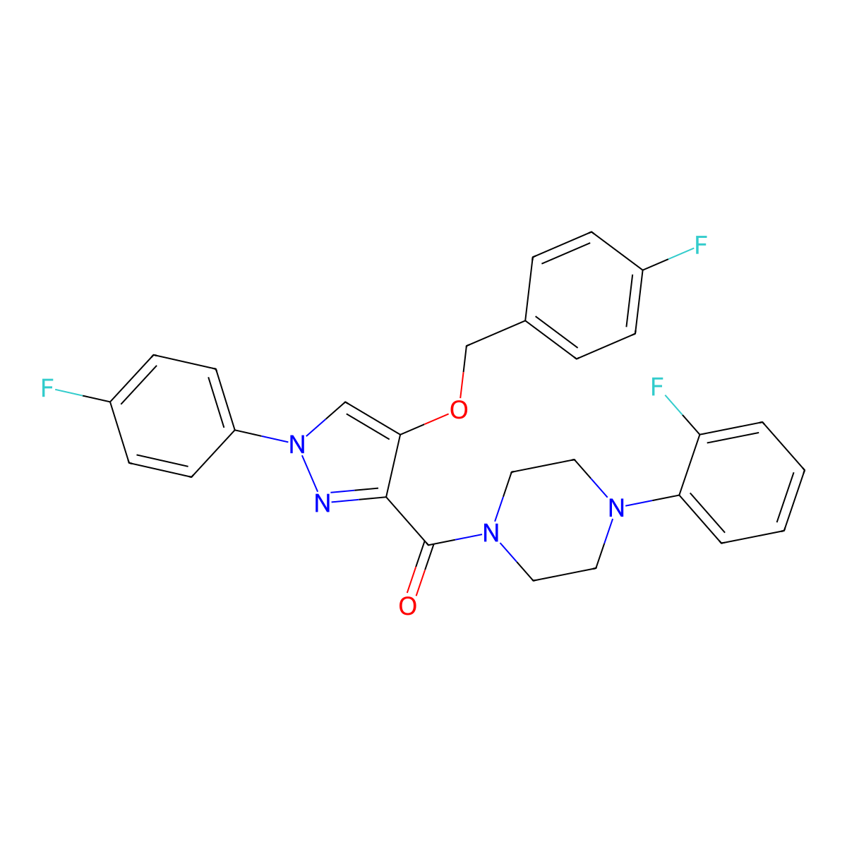 1-(2-fluorophenyl)-4-[1-(4-fluorophenyl)-4-[(4-fluorophenyl)methoxy]-1H-pyrazole-3-carbonyl]piperazine molecular structure, CAS 1209824-75-8