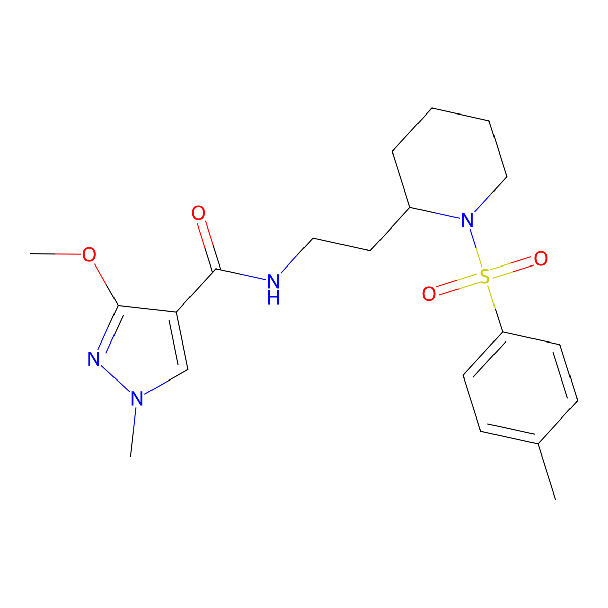 3-methoxy-1-methyl-N-(2-(1-tosylpiperidin-2-yl)ethyl)-1H-pyrazole-4-carboxamide molecular structure, CAS 1209828-24-9