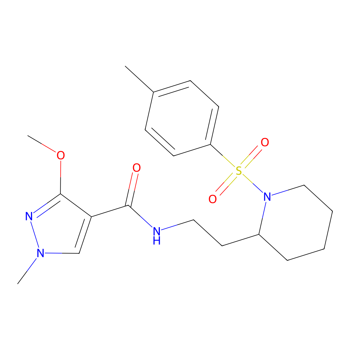 3-methoxy-1-methyl-N-(2-(1-tosylpiperidin-2-yl)ethyl)-1H-pyrazole-4-carboxamide molecular structure, CAS 1209828-24-9