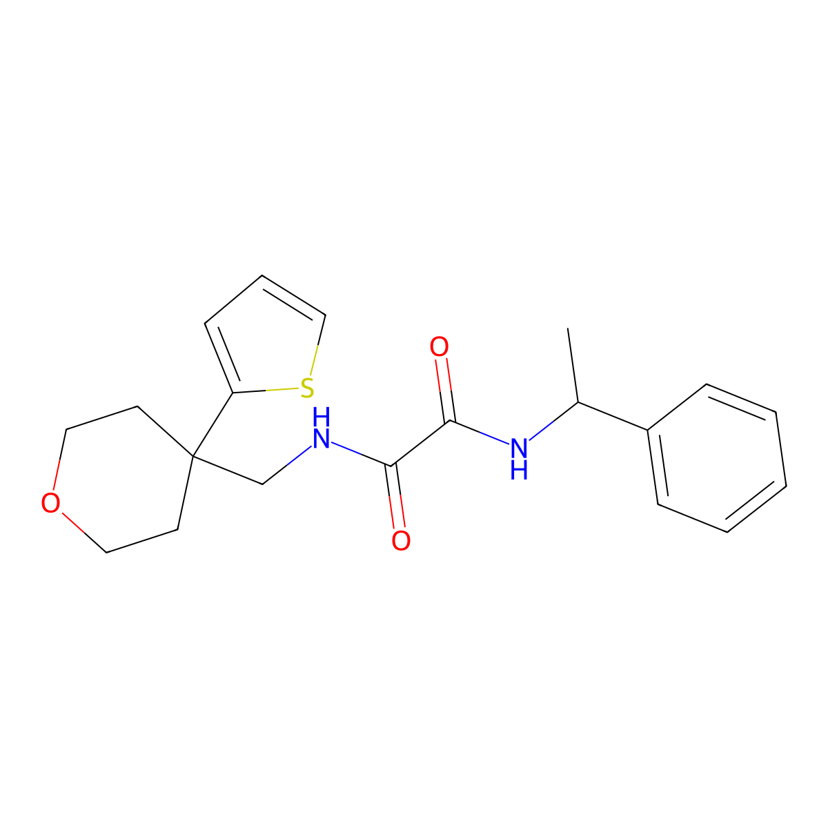 N1-(1-phenylethyl)-N2-((4-(thiophen-2-yl)tetrahydro-2H-pyran-4-yl)methyl)oxalamide molecular structure, CAS 1209831-04-8
