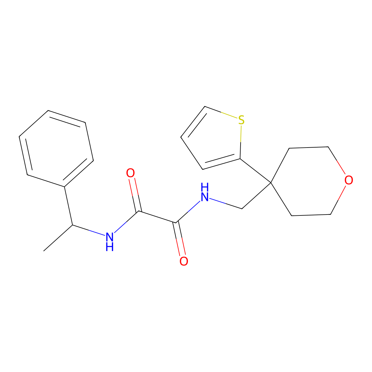 N1-(1-phenylethyl)-N2-((4-(thiophen-2-yl)tetrahydro-2H-pyran-4-yl)methyl)oxalamide molecular structure, CAS 1209831-04-8