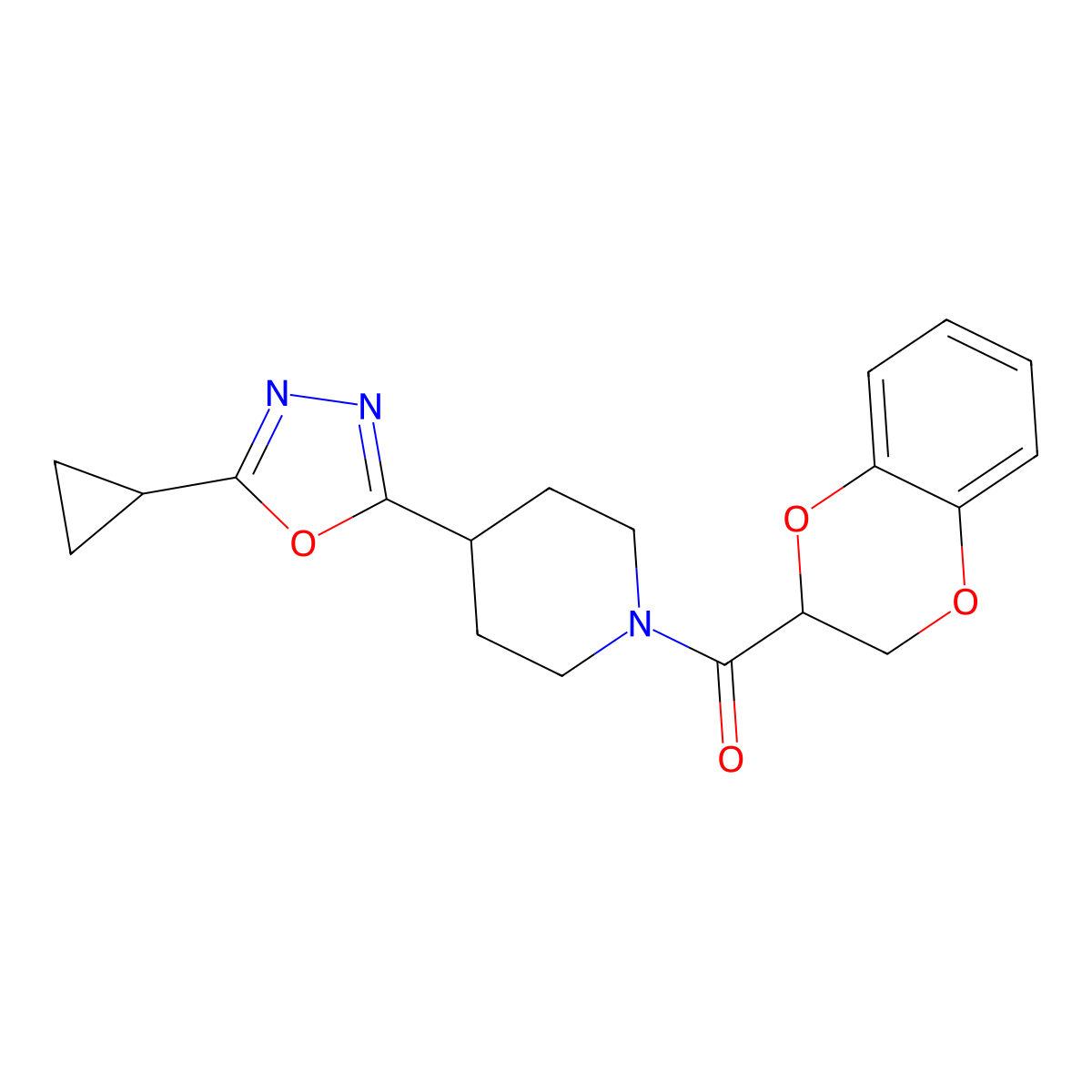 (4-(5-Cyclopropyl-1,3,4-oxadiazol-2-yl)piperidin-1-yl)(2,3-dihydrobenzo[b][1,4]dioxin-2-yl)methanone molecular structure, CAS 1209833-57-7