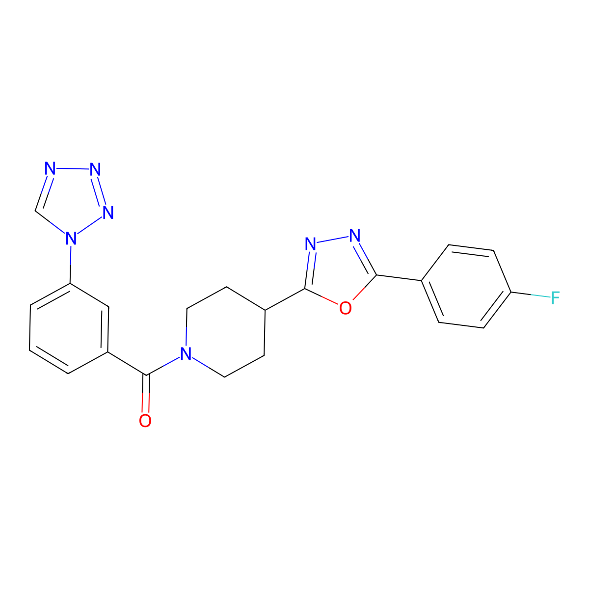 (3-(1H-tetrazol-1-yl)phenyl)(4-(5-(4-fluorophenyl)-1,3,4-oxadiazol-2-yl)piperidin-1-yl)methanone molecular structure, CAS 1209846-22-9