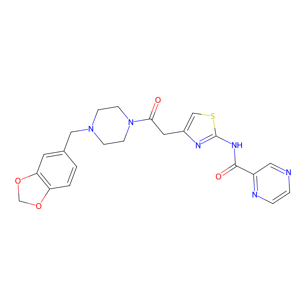 N-(4-(2-(4-(benzo[d][1,3]dioxol-5-ylmethyl)piperazin-1-yl)-2-oxoethyl)thiazol-2-yl)pyrazine-2-carboxamide molecular structure, CAS 1209884-60-5