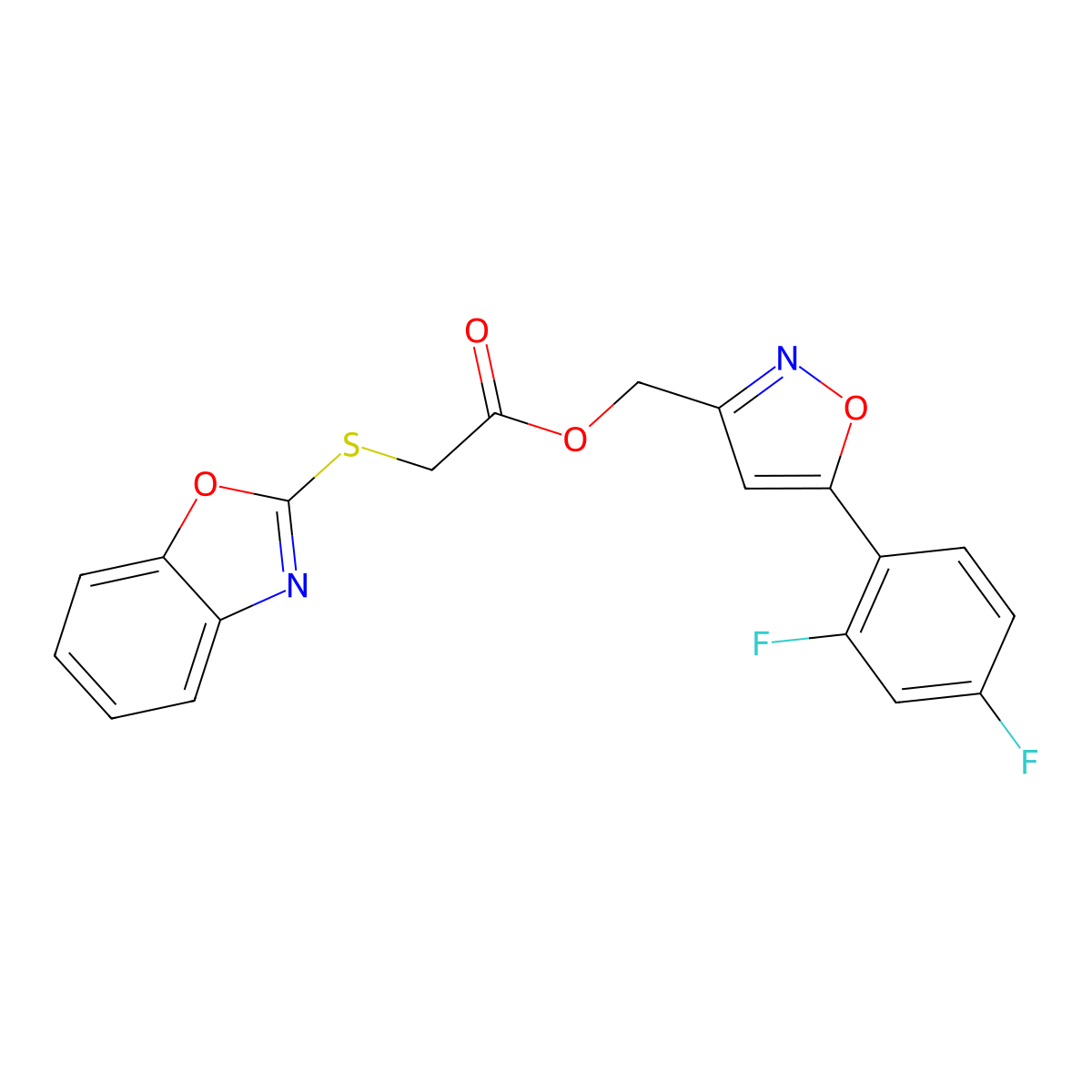 (5-(2,4-Difluorophenyl)isoxazol-3-yl)methyl 2-(benzo[d]oxazol-2-ylthio)acetate molecular structure, CAS 1209887-04-6
