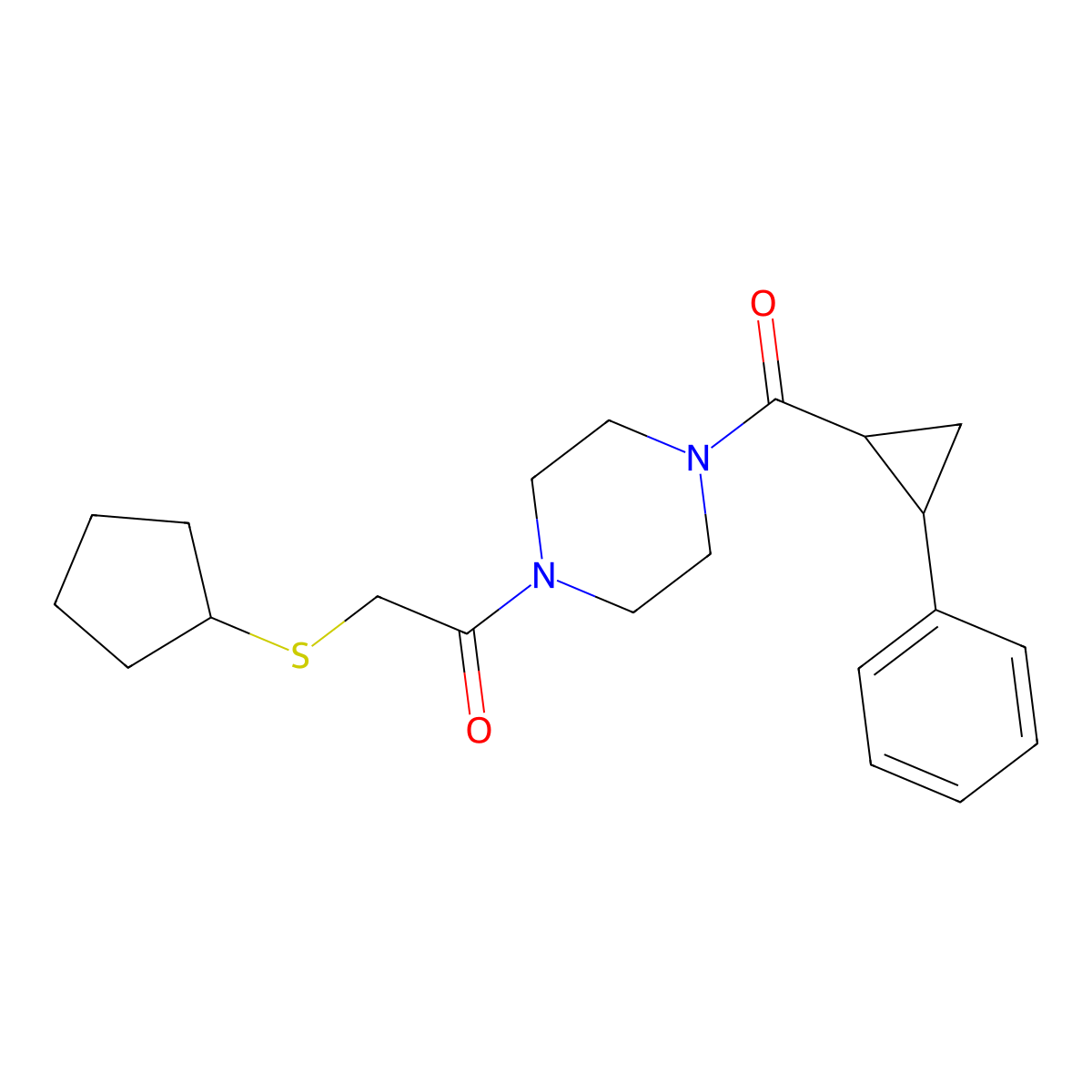 2-(Cyclopentylthio)-1-(4-(2-phenylcyclopropanecarbonyl)piperazin-1-yl)ethanone molecular structure, CAS 1209897-08-4