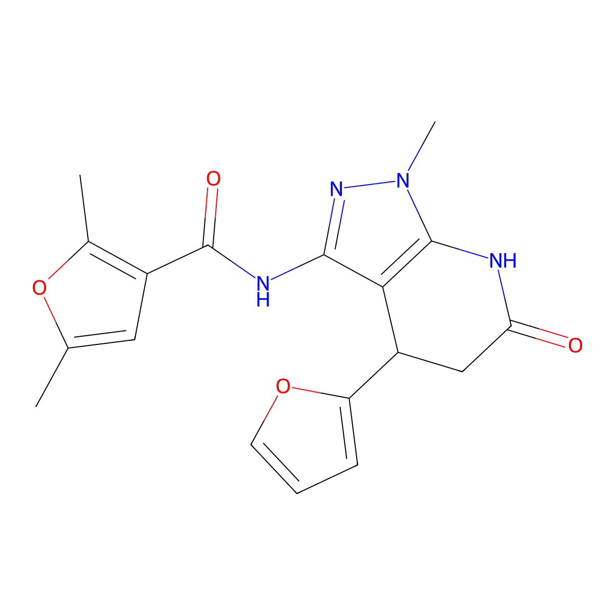 N-(4-(furan-2-yl)-1-methyl-6-oxo-4,5,6,7-tetrahydro-1H-pyrazolo[3,4-b]pyridin-3-yl)-2,5-dimethylfuran-3-carboxamide molecular structure, CAS 1209897-18-6