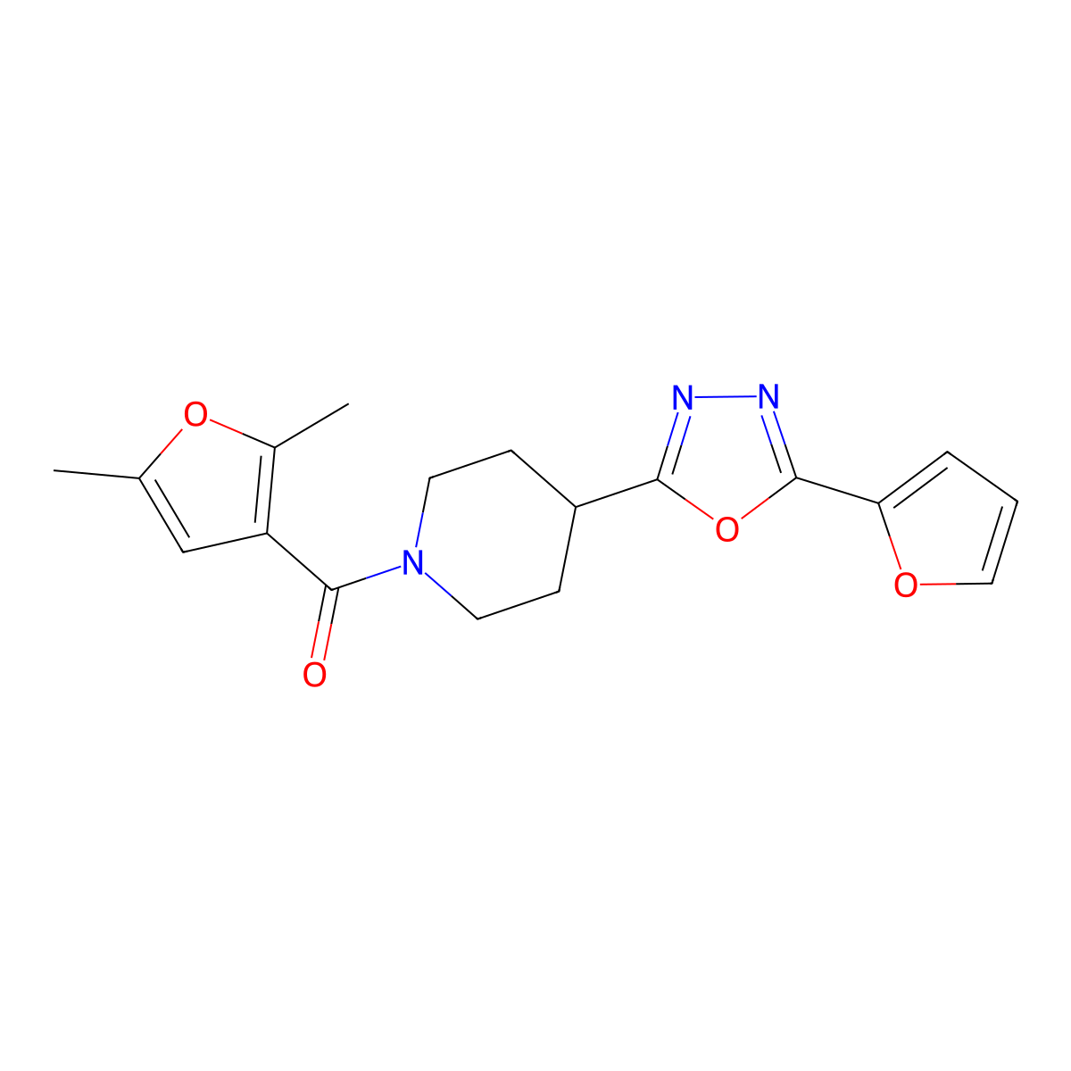(2,5-Dimethylfuran-3-yl)(4-(5-(furan-2-yl)-1,3,4-oxadiazol-2-yl)piperidin-1-yl)methanone molecular structure, CAS 1209906-29-5