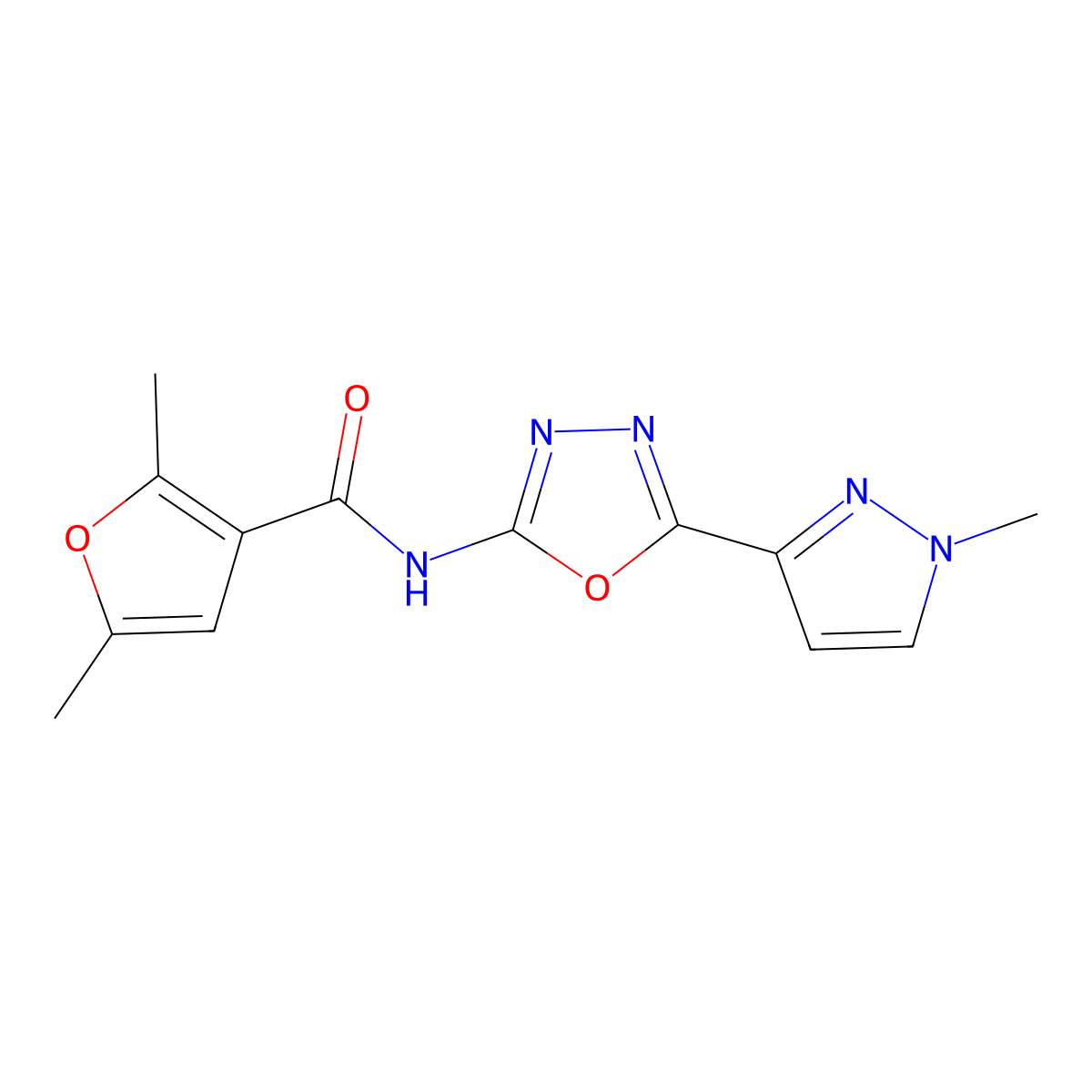 2,5-dimethyl-N-[5-(1-methyl-1H-pyrazol-3-yl)-1,3,4-oxadiazol-2-yl]furan-3-carboxamide molecular structure, CAS 1209910-75-7