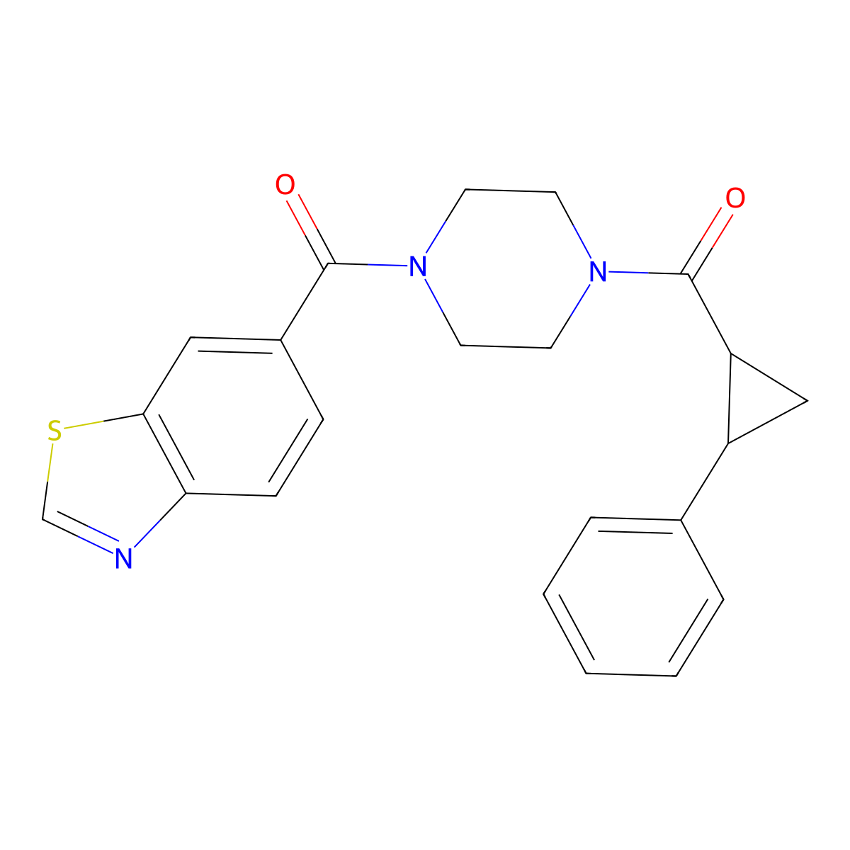 Benzo[d]thiazol-6-yl(4-(2-phenylcyclopropanecarbonyl)piperazin-1-yl)methanone molecular structure, CAS 1209917-99-6