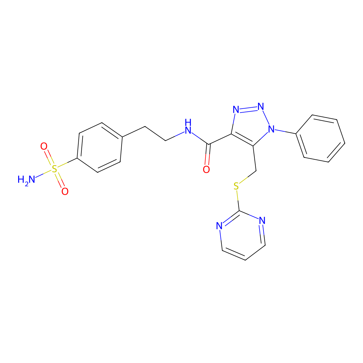 1-phenyl-5-((pyrimidin-2-ylthio)methyl)-N-(4-sulfamoylphenethyl)-1H-1,2,3-triazole-4-carboxamide molecular structure, CAS 1209918-26-2