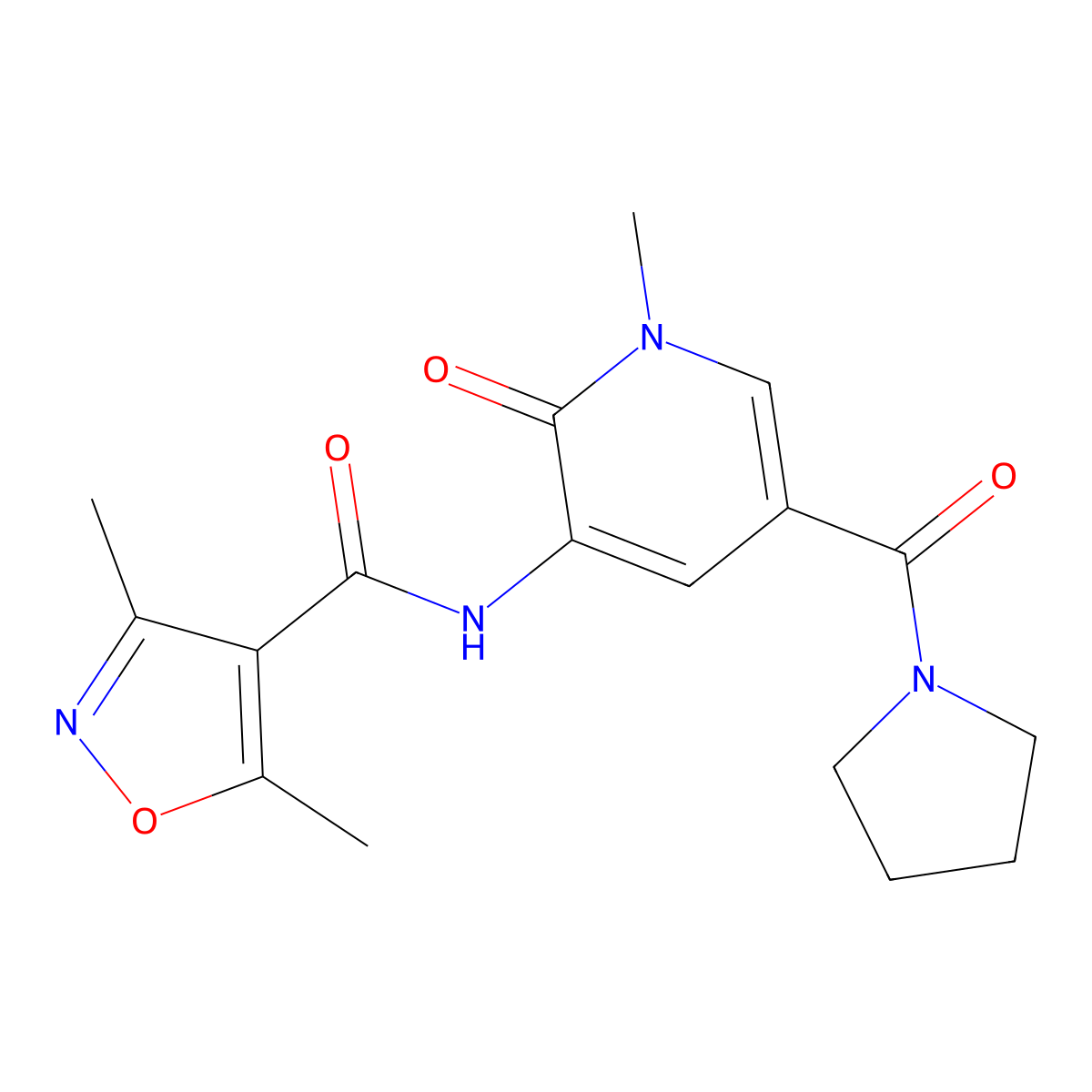 3,5-dimethyl-N-(1-methyl-2-oxo-5-(pyrrolidine-1-carbonyl)-1,2-dihydropyridin-3-yl)isoxazole-4-carboxamide molecular structure, CAS 1209920-55-7