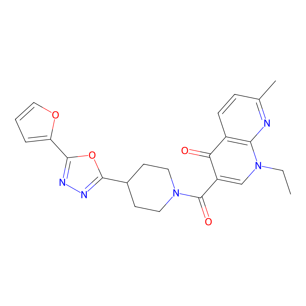 1-ethyl-3-(4-(5-(furan-2-yl)-1,3,4-oxadiazol-2-yl)piperidine-1-carbonyl)-7-methyl-1,8-naphthyridin-4(1H)-one molecular structure, CAS 1209924-76-4