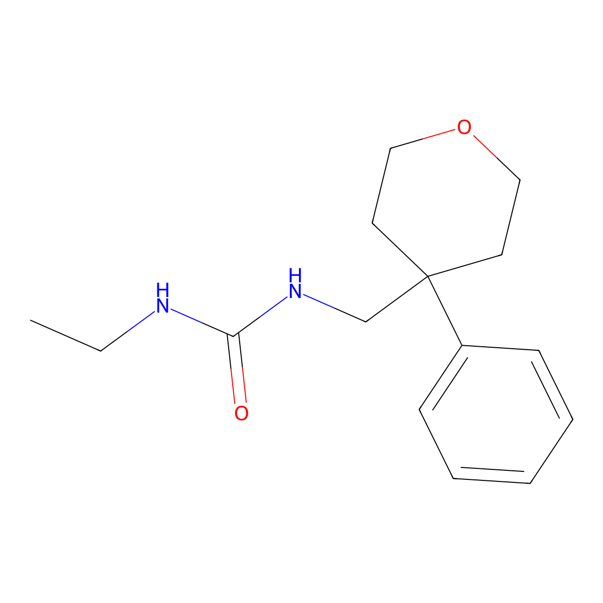 1-ethyl-3-((4-phenyltetrahydro-2H-pyran-4-yl)methyl)urea molecular structure, CAS 1209930-06-2