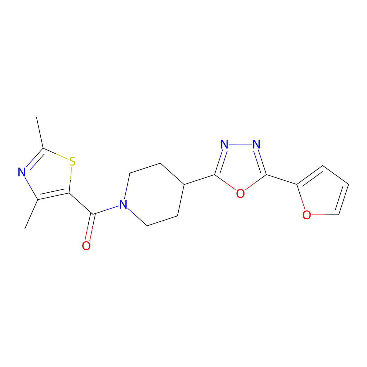 (2,4-Dimethylthiazol-5-yl)(4-(5-(furan-2-yl)-1,3,4-oxadiazol-2-yl)piperidin-1-yl)methanone molecular structure, CAS 1209935-19-2